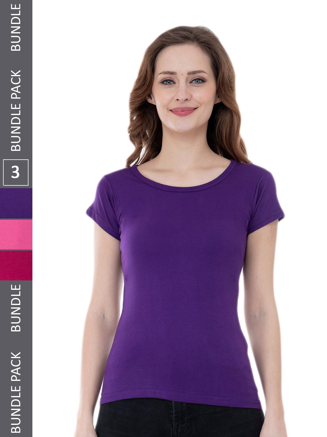 

IndiWeaves Pack Of 3 Round Neck Pure Cotton T-shirt, Purple