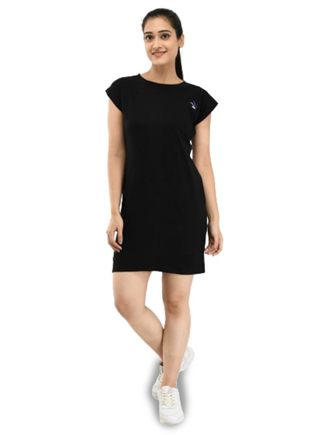 

Rudraaksha Creations Boat Neck Extended Sleeve Crepe T-shirt Dress, Black