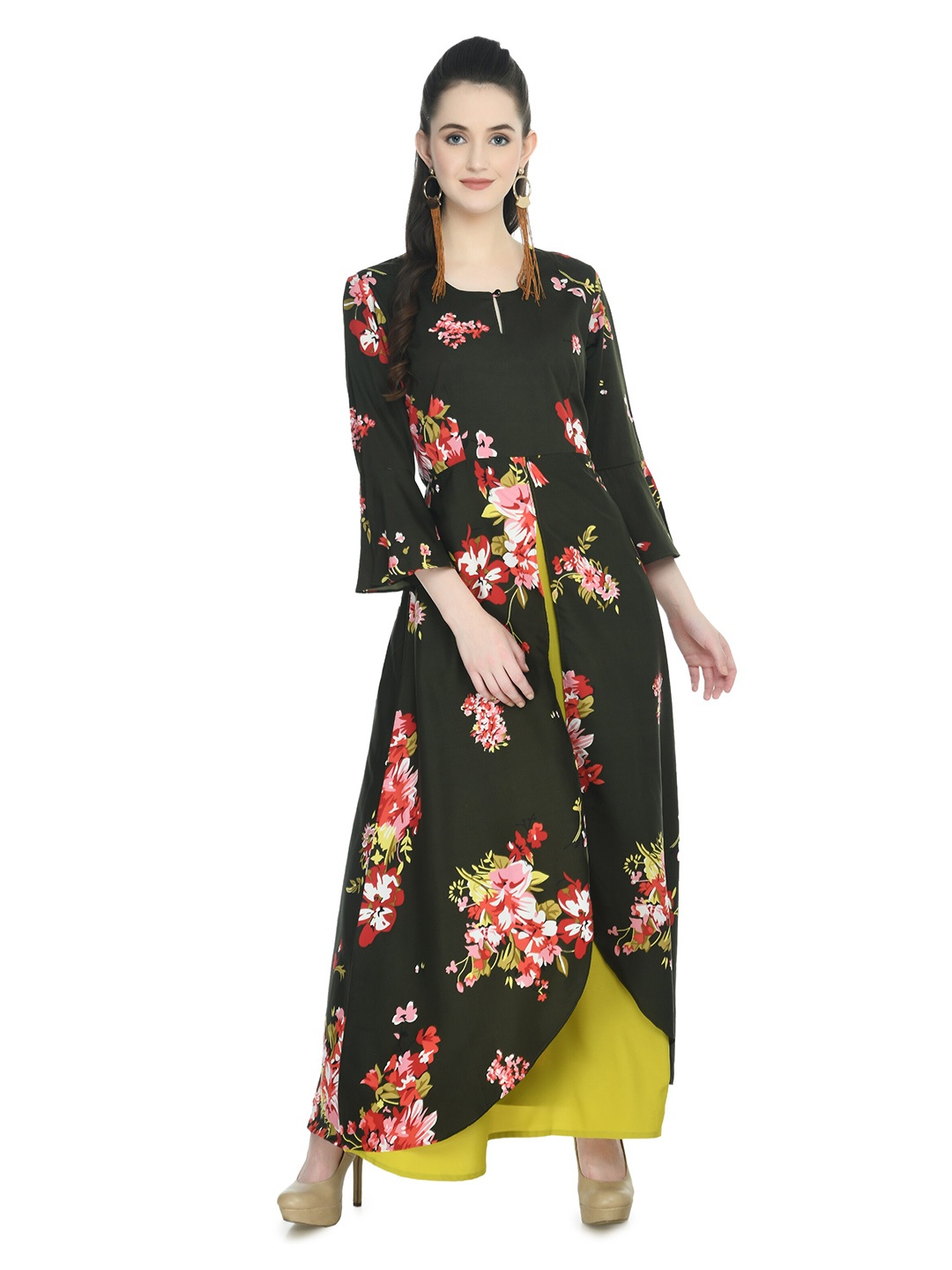 

Rudraaksha Creations Floral Print Bell Sleeve Crepe Maxi Dress, Black