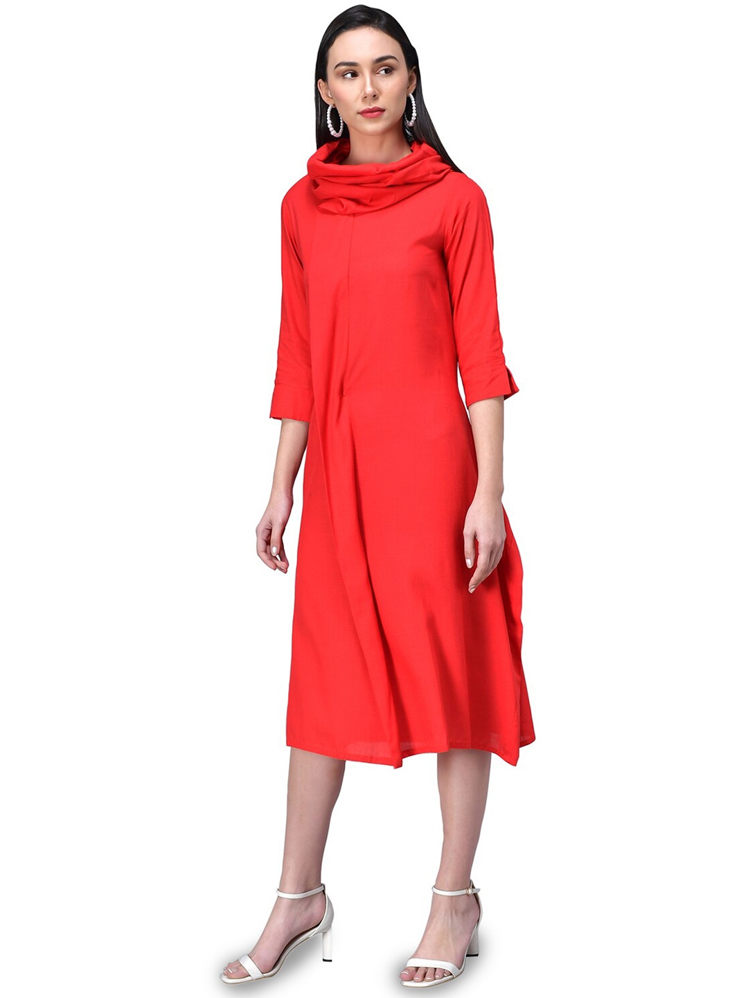 

Rudraaksha Creations Cowl Neck A-Line Midi Dress, Red