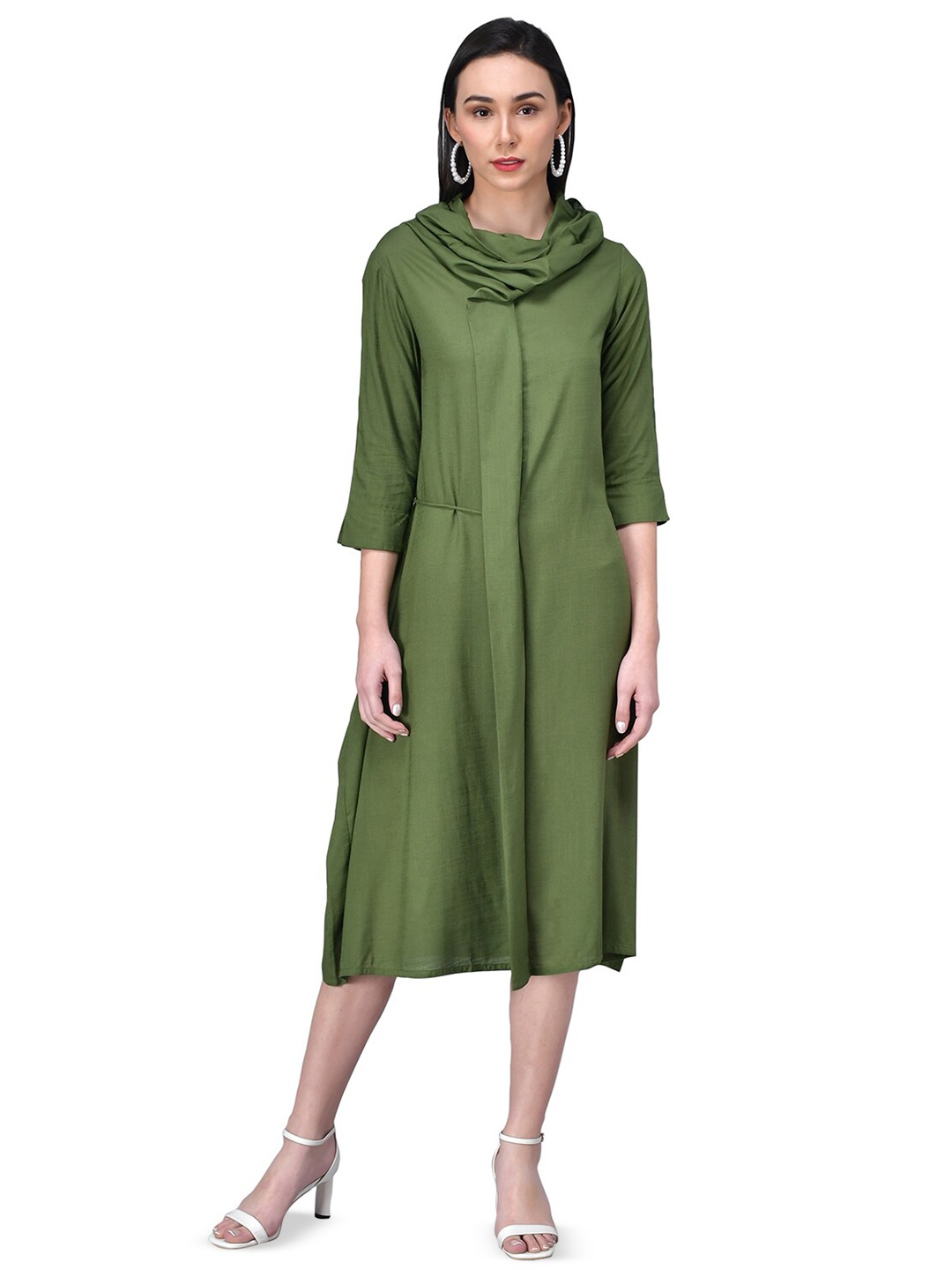 

Rudraaksha Creations Cowl Neck A-Line Midi Dress, Olive