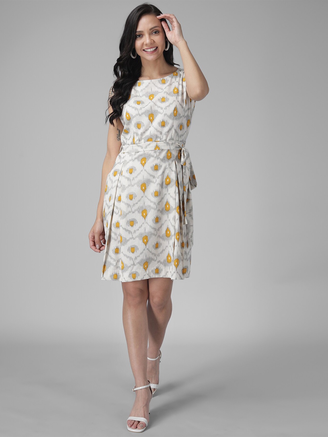 

Rudraaksha Creations Ethnic Motifs Printed Belted Cotton A-Line Dress, White