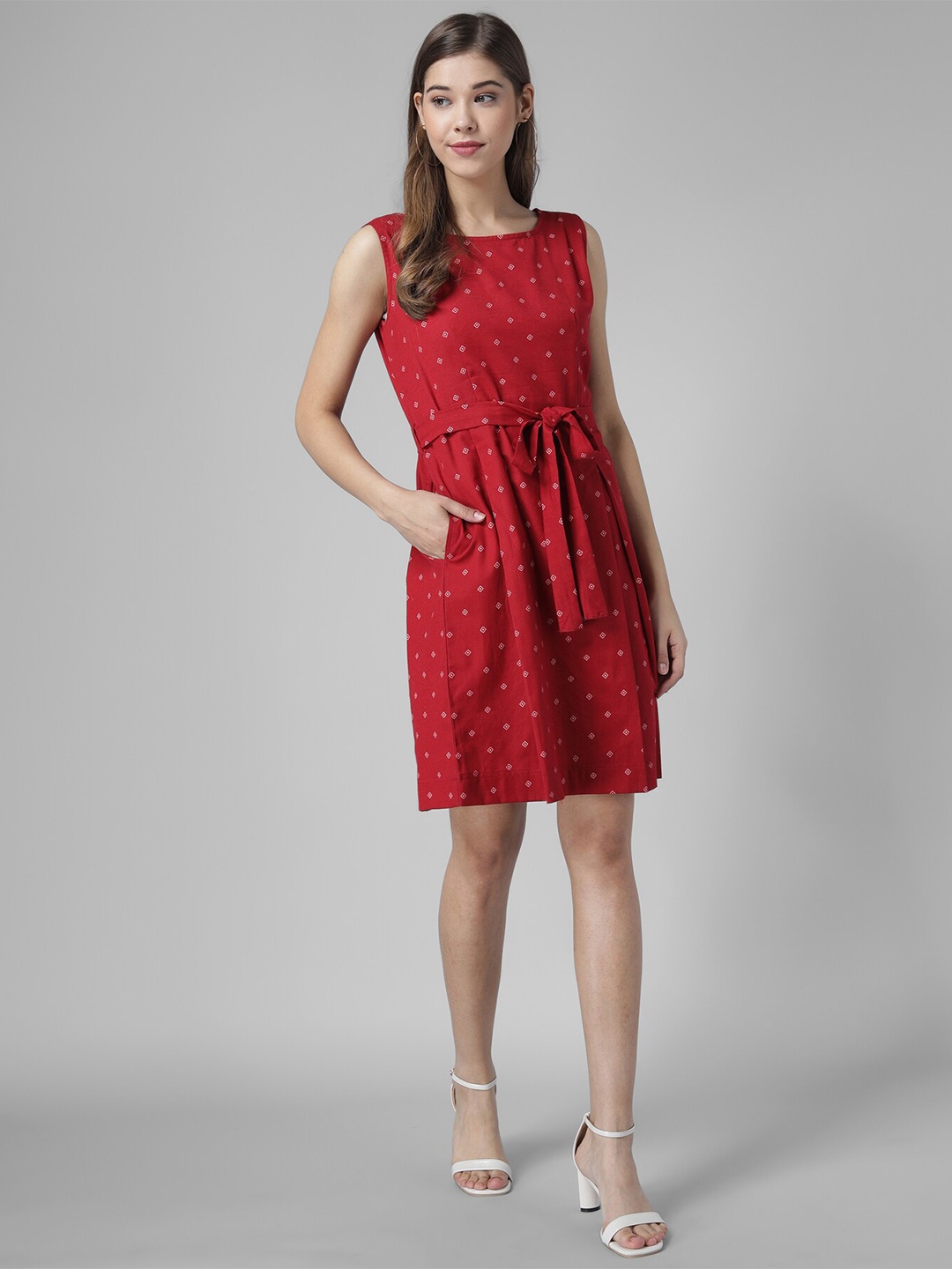 

Rudraaksha Creations Geometric Printed Belted Cotton Fit & Flare Dress, Red
