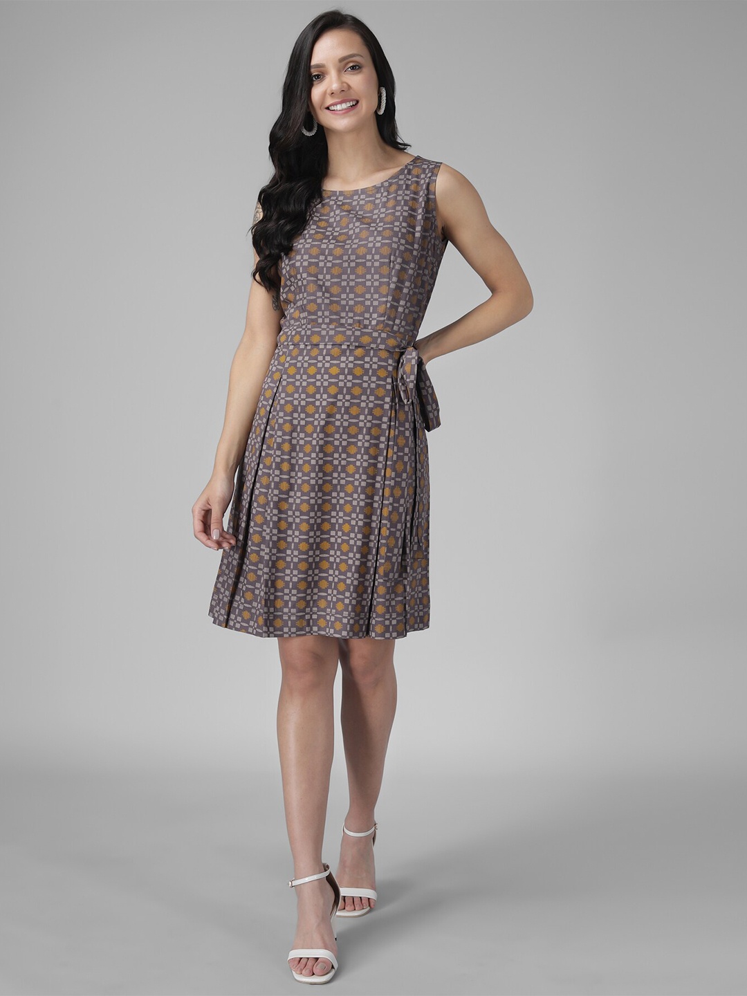 

Rudraaksha Creations Floral Printed Cotton Fit & Flare Dress, Grey