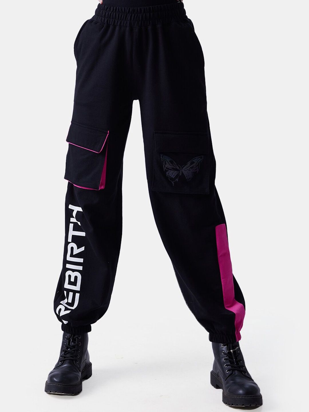 

The Souled Store Women Typography Printed Pure Cotton Cargo Jogger, Black