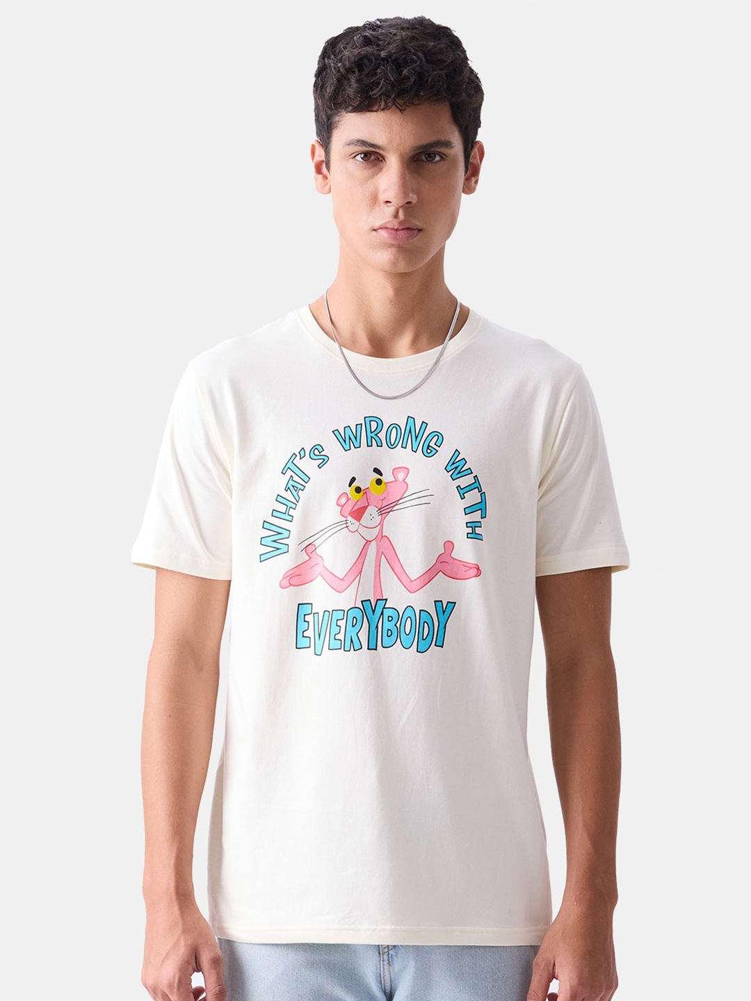 The Souled Store White Pink Panther Printed Pure Cotton T-shirt