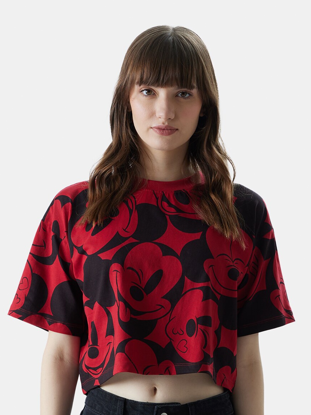 

The Souled Store Mickey Mouse Print Cotton Oversized Cropped T-shirt, Red