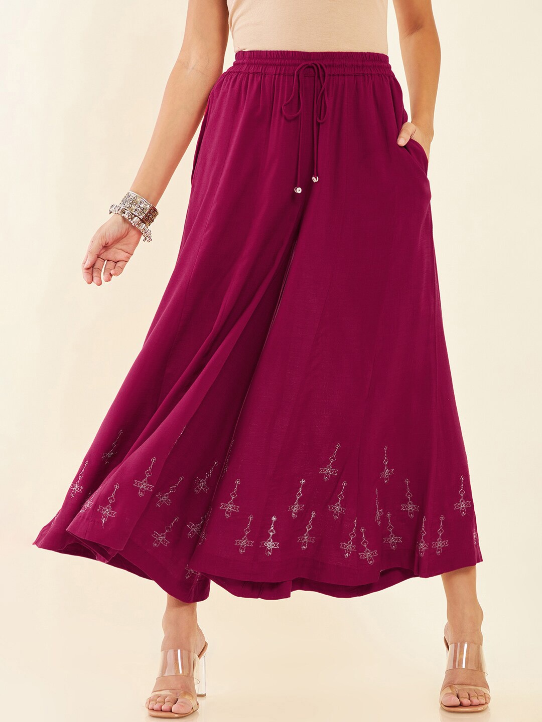 

Soch Women Ethnic Motifs Embroidered Flared Cropped Palazzos, Maroon