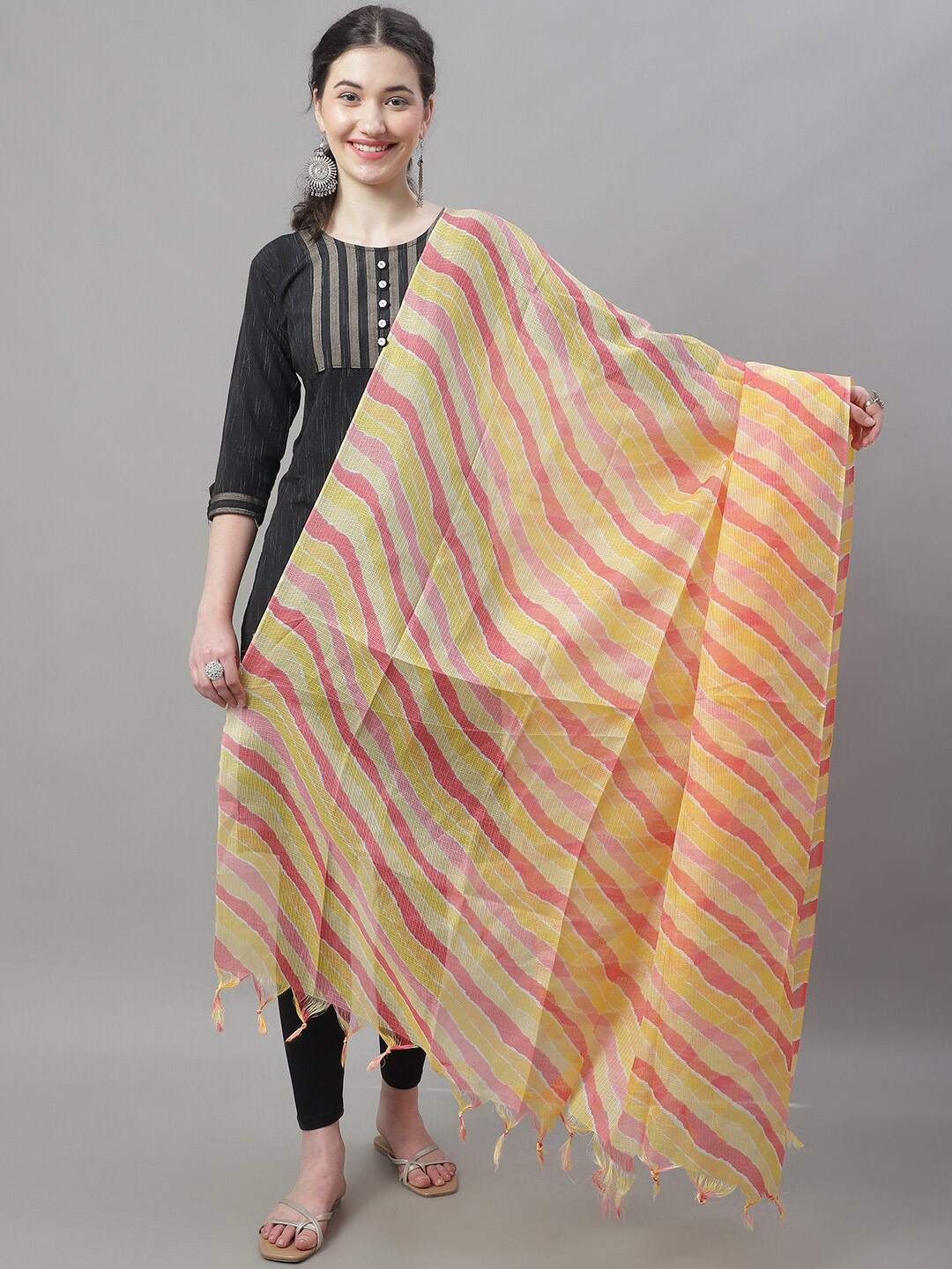 

LOOM LEGACY Striped Tasselled Dupatta, Yellow