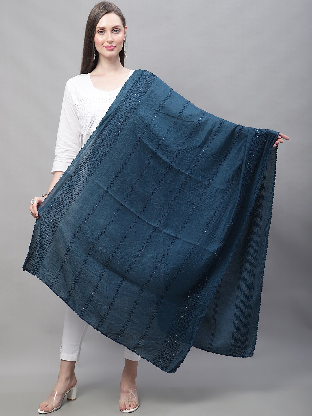 

LOOM LEGACY Embroidered Dupatta with Sequinned, Navy blue