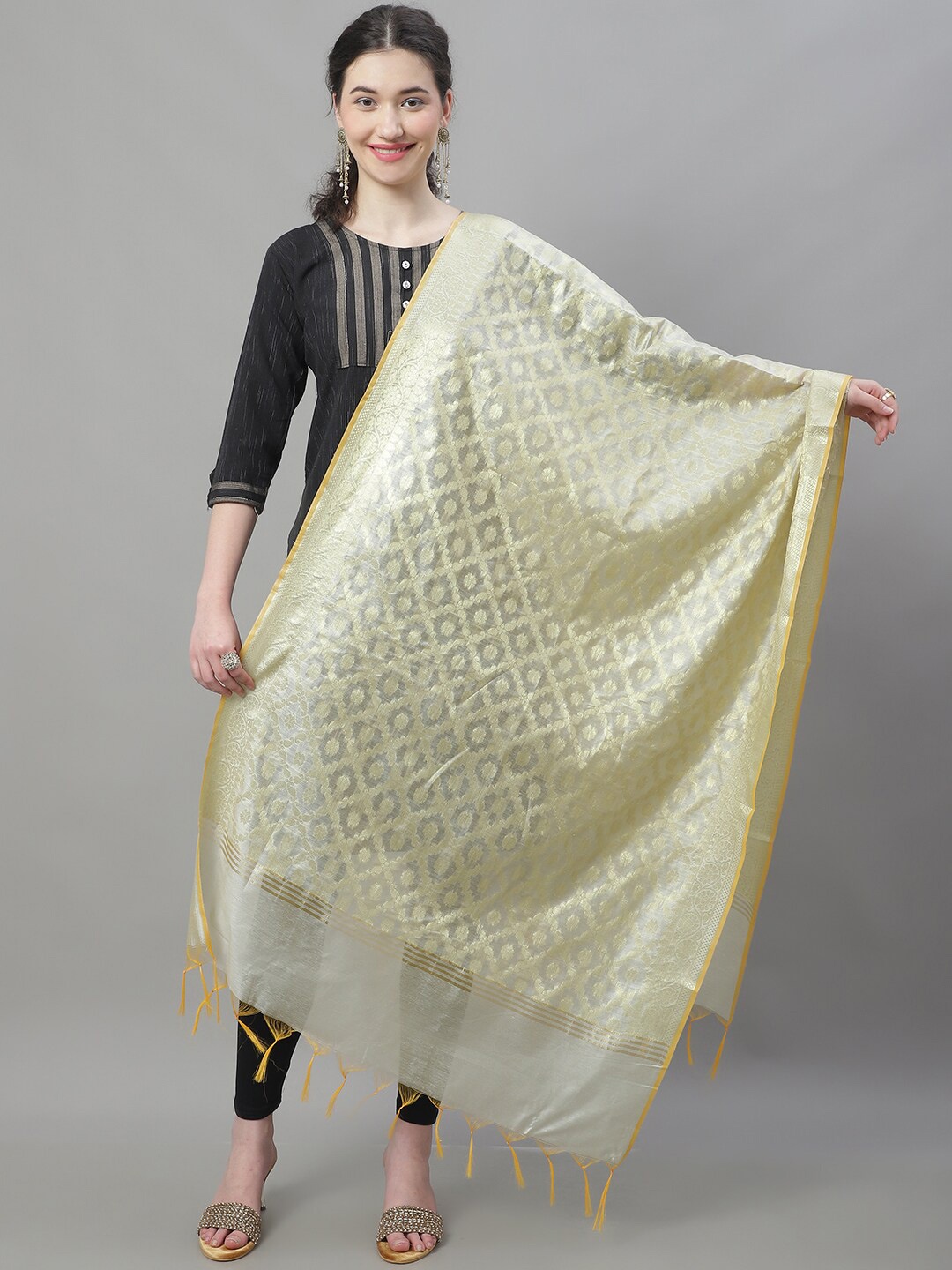

LOOM LEGACY Gold-Toned Cotton Silk Jacquard Tasselled Dupatta with Zari