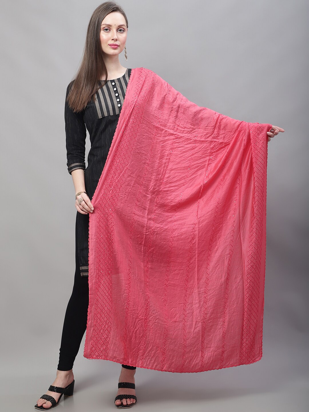 

LOOM LEGACY Ethnic Motifs Embroidered Chanderi Silk Dupatta, Pink