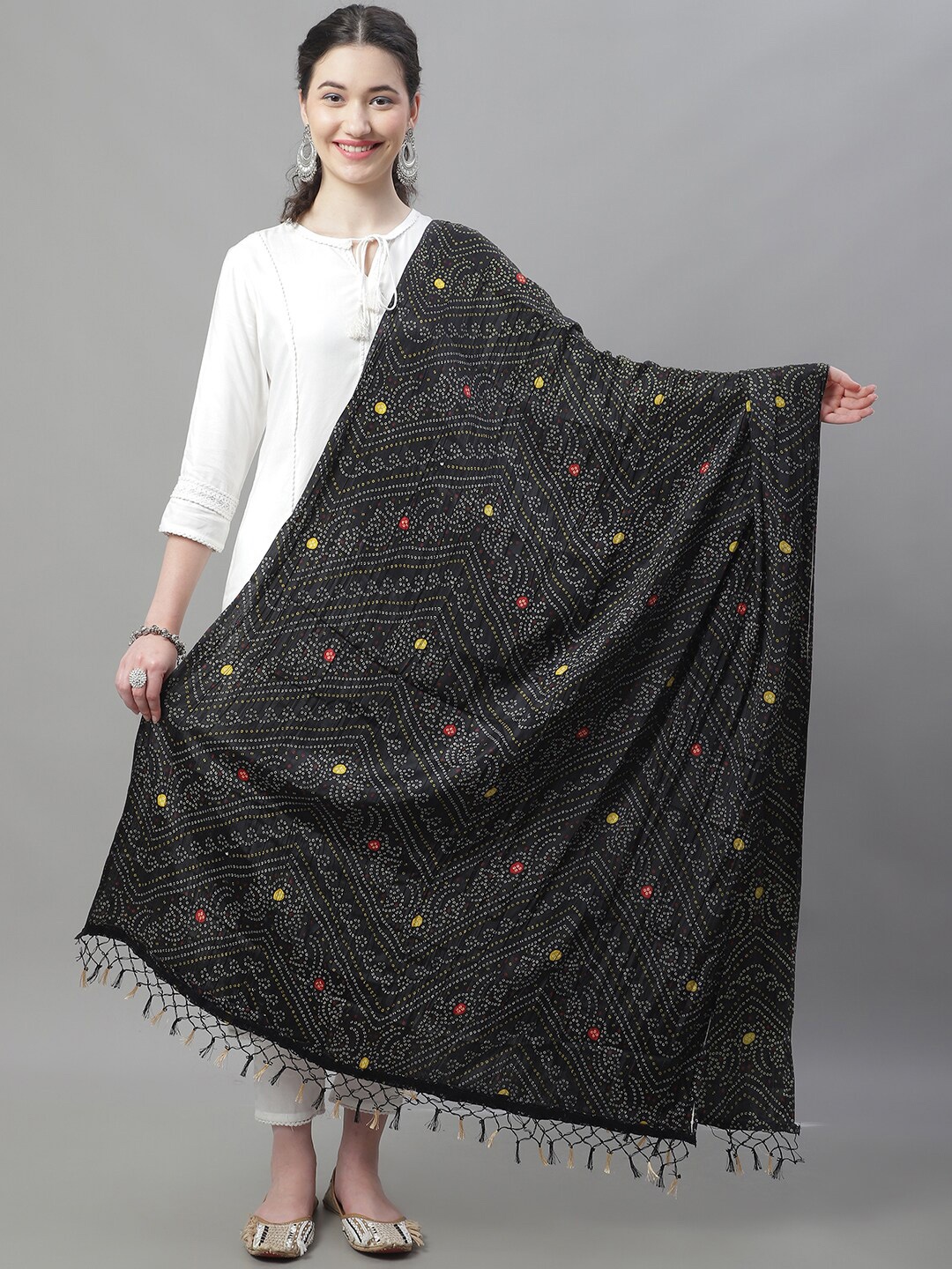 

LOOM LEGACY Bandhani Printed Dupatta, Black