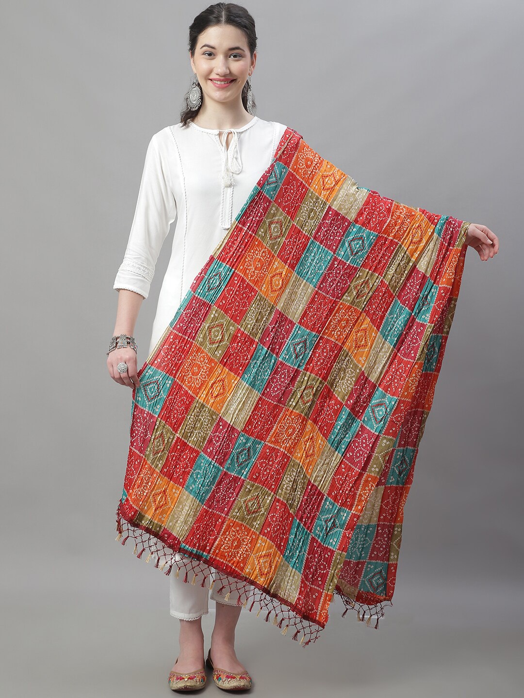 

LOOM LEGACY Bandhni Printed Tasselled Dupatta with Zari, Multi