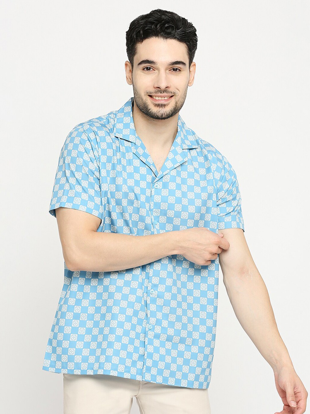 

Blamblack Cuban Collar Ethnic Motifs Printed Comfort Casual Cotton Shirt, Blue