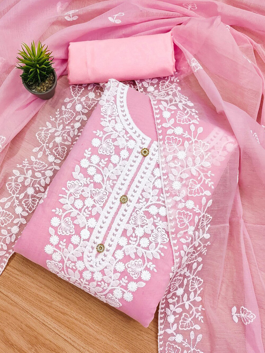

KALINI Floral Embroidered Unstitched Dress Material, Pink