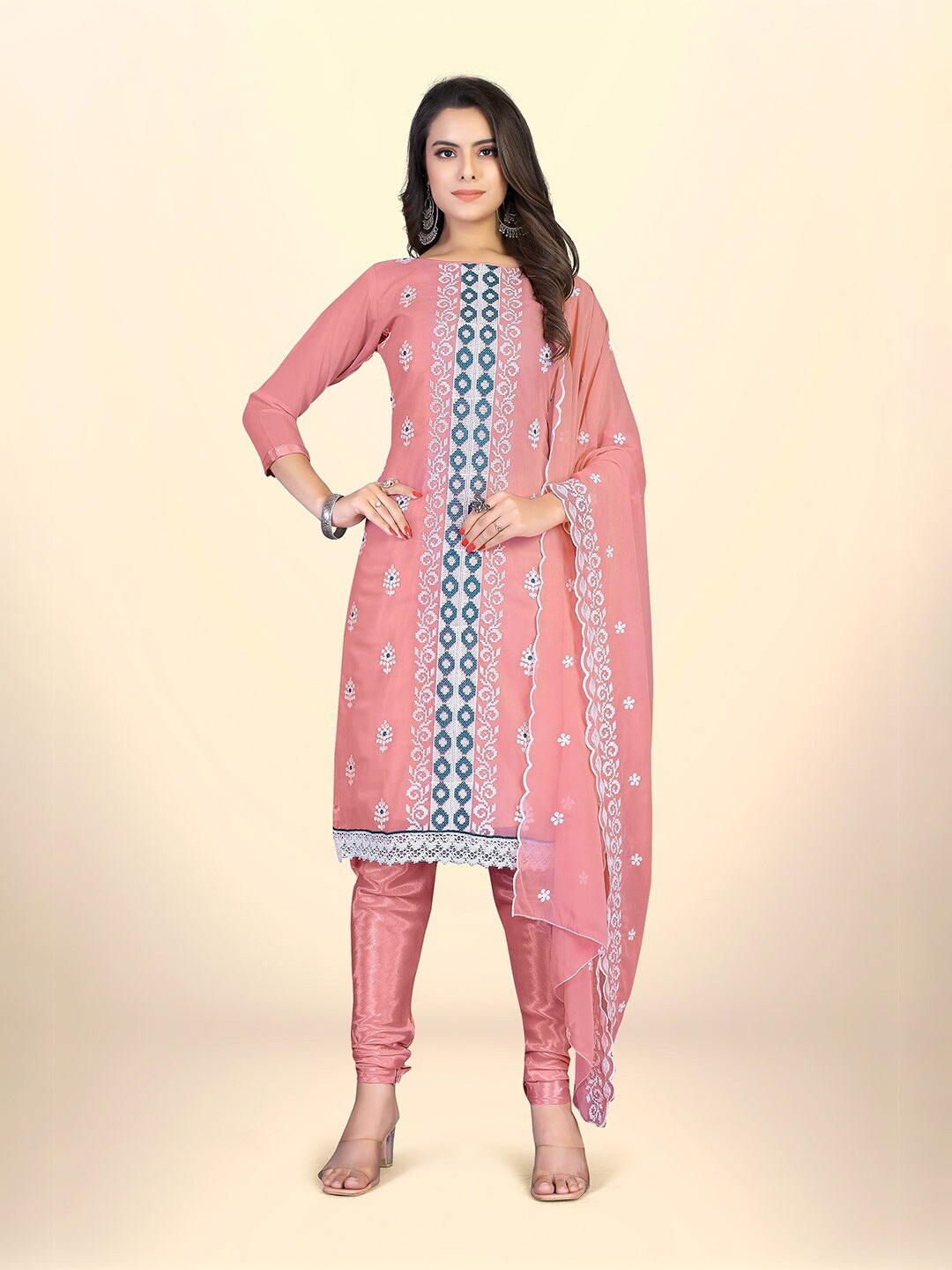 

KALINI Ethnic Motifs Embroidered Unstitched Dress Material, Pink