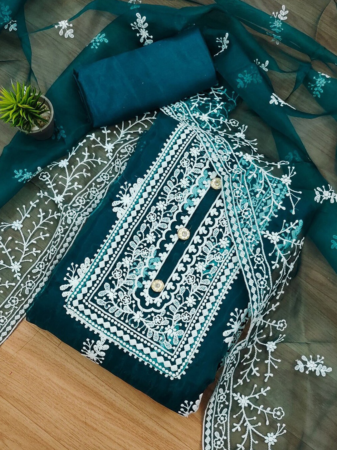 

KALINI Ethnic Motifs Embroidered Organza Unstitched Dress Material, Green