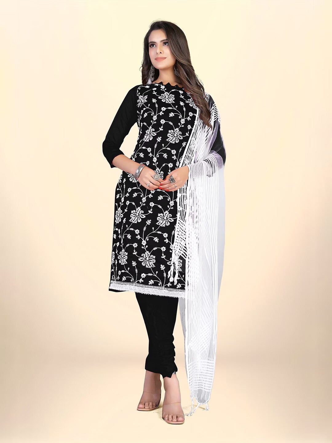 

KALINI Floral Embroidered Unstitched Dress Material, Black
