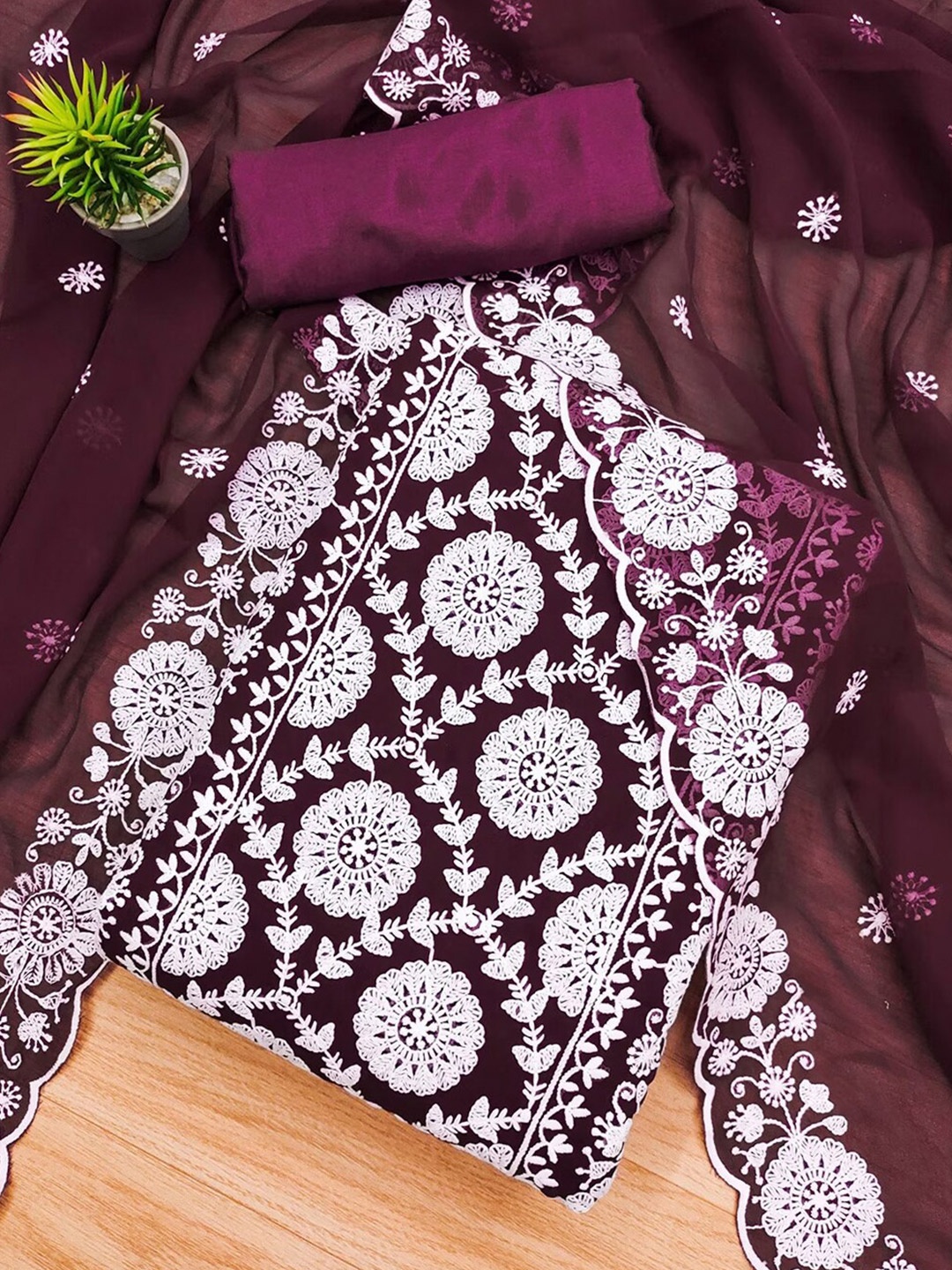 

KALINI Floral Embroidered Silk Georgette Unstitched Dress Material, Magenta