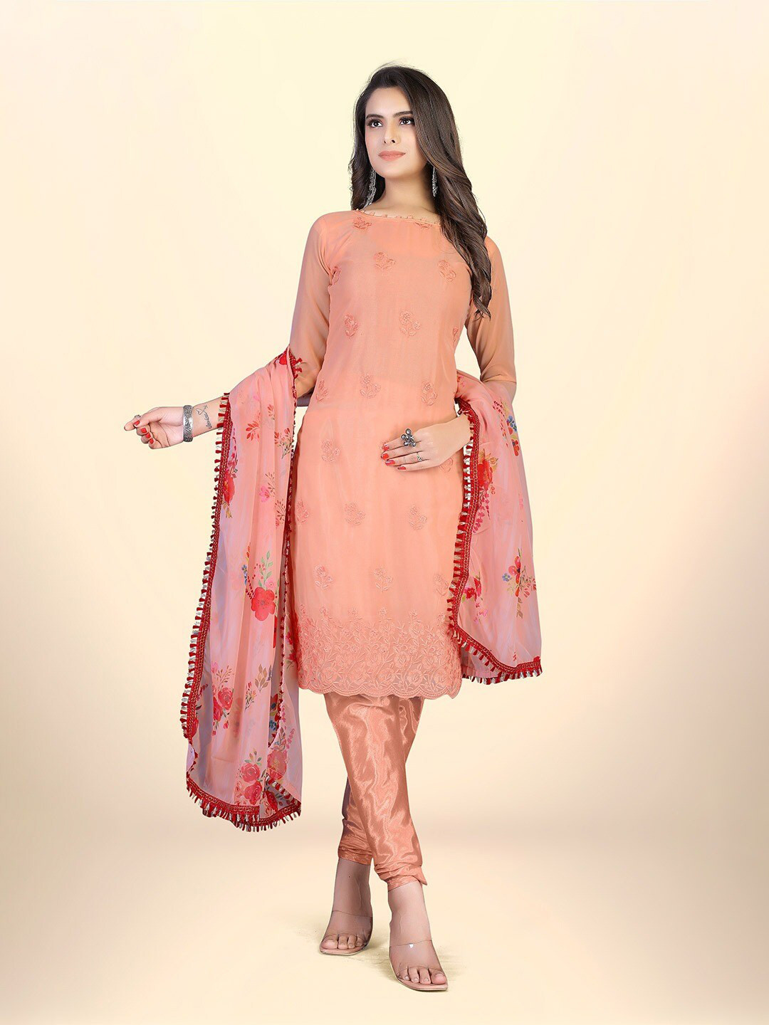 

KALINI Floral Embroidered Silk Georgette Unstitched Dress Material, Peach