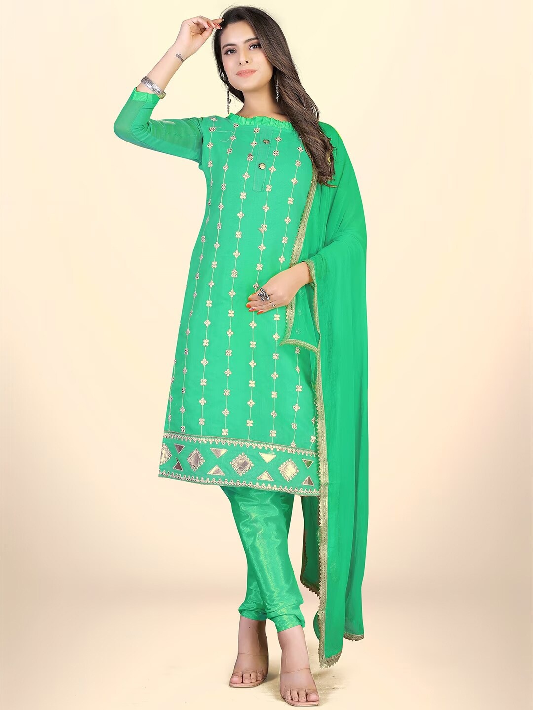 

KALINI Ethnic Motifs Embroidered Unstitched Dress Material, Green