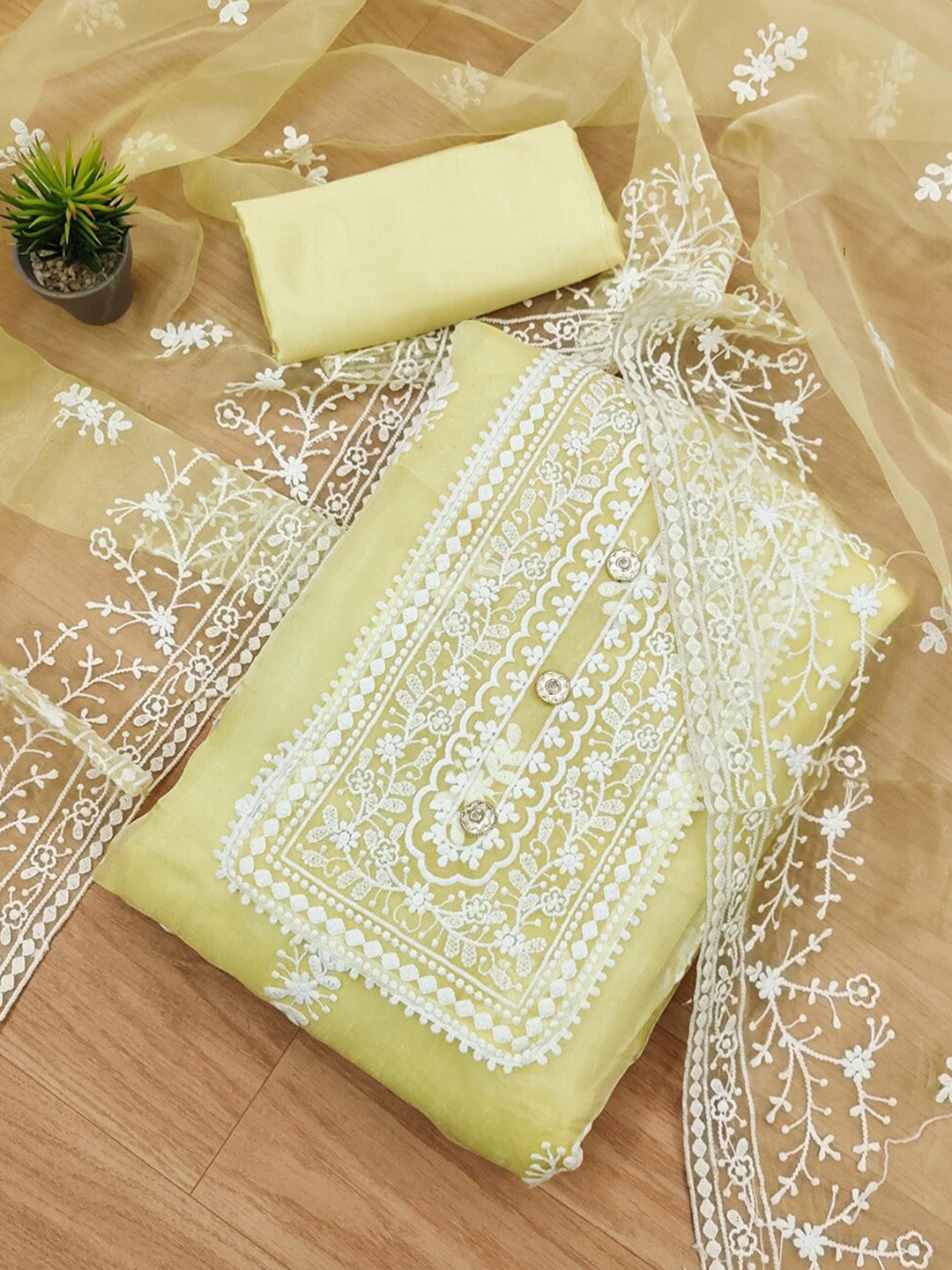 

KALINI Embroidered Organza Unstitched Dress Material, Yellow