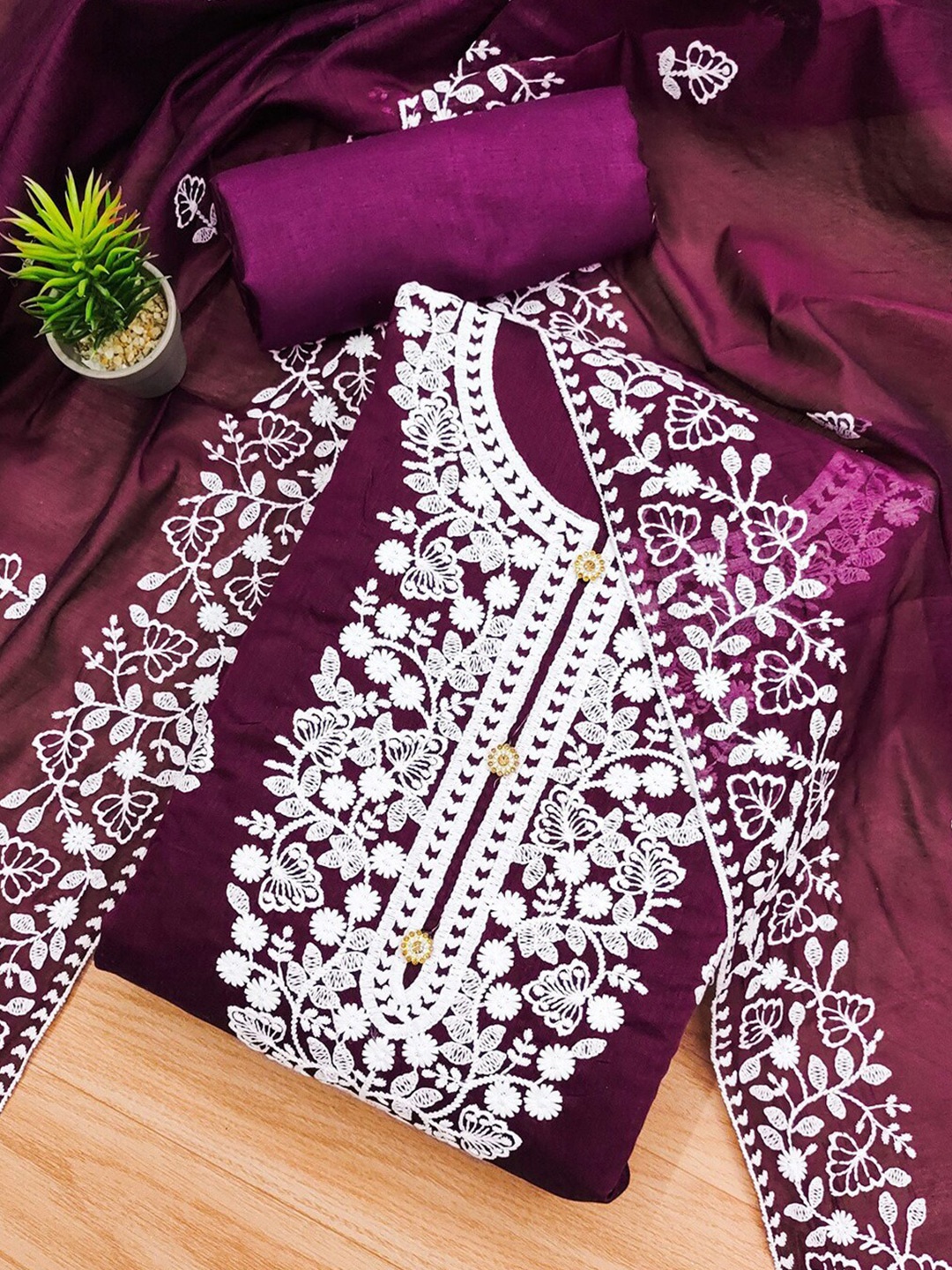 

KALINI Floral Embroidered Unstitched Dress Material, Purple