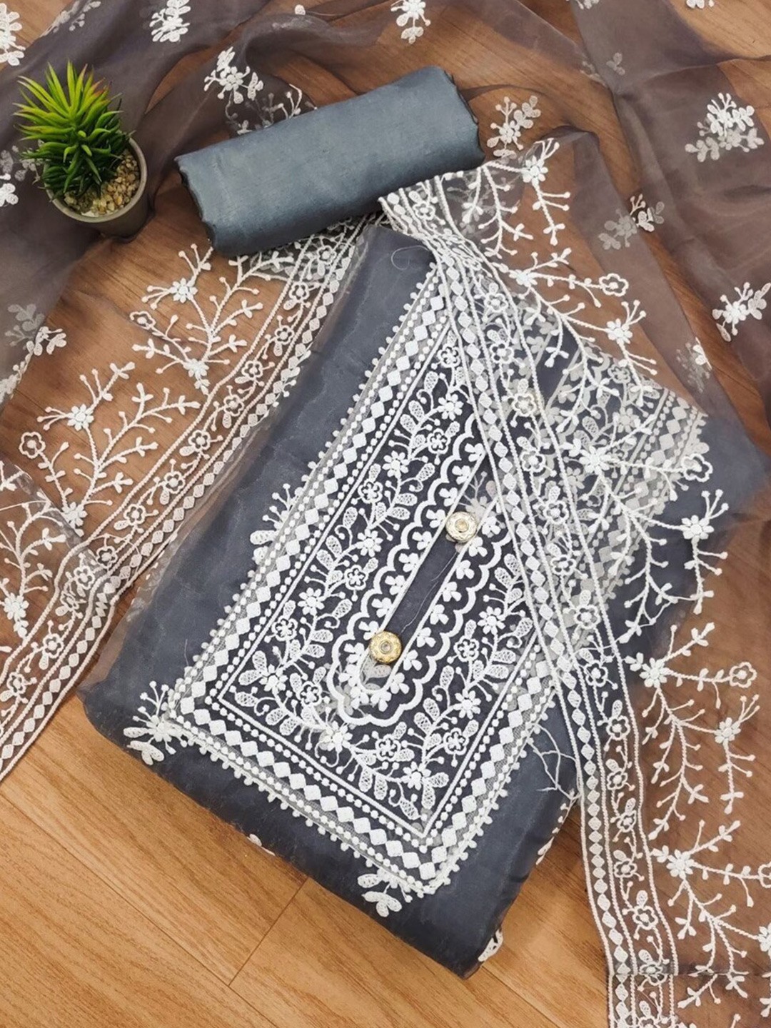 

KALINI Ethnic Motifs Embroidered Organza Unstitched Dress Material, Grey