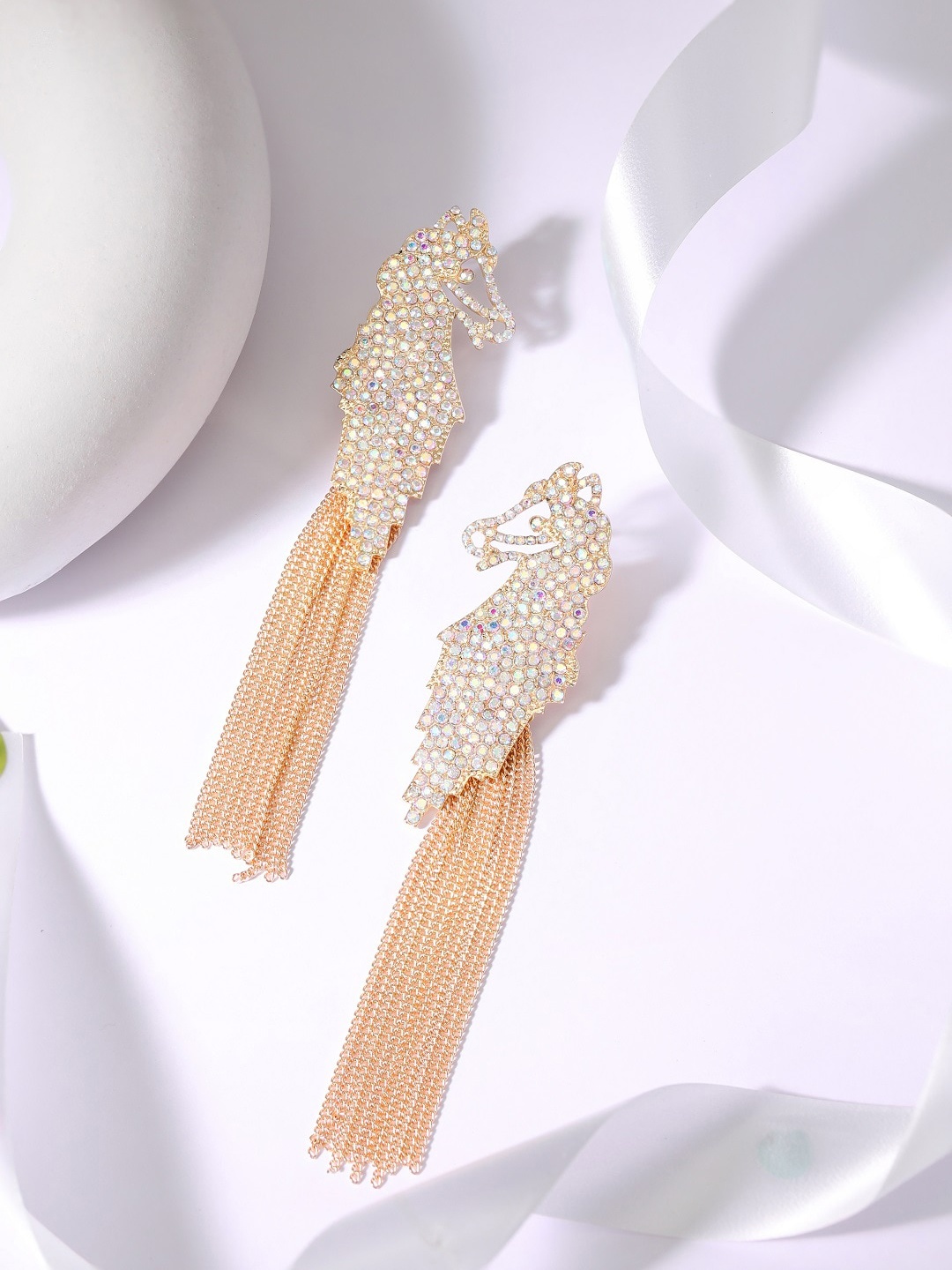 

Rubans Voguish Gold-Plated Classic Zircon Studded Tasselled Drop Earrings