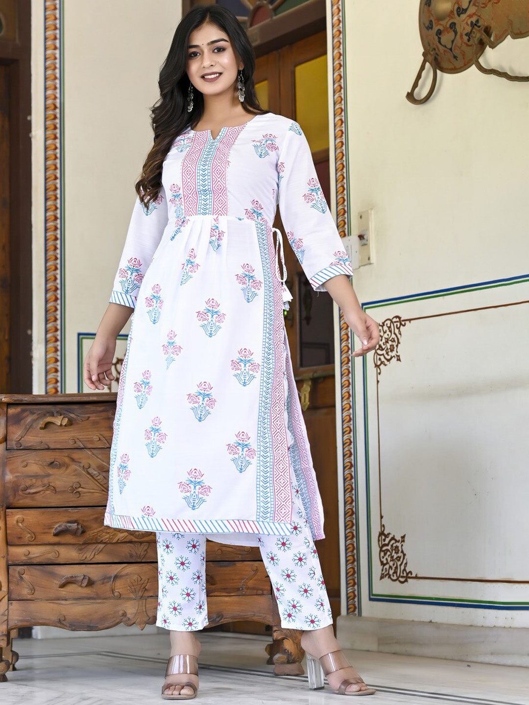 

KALINI Floral Printed Regular Kurta With Trousers, White