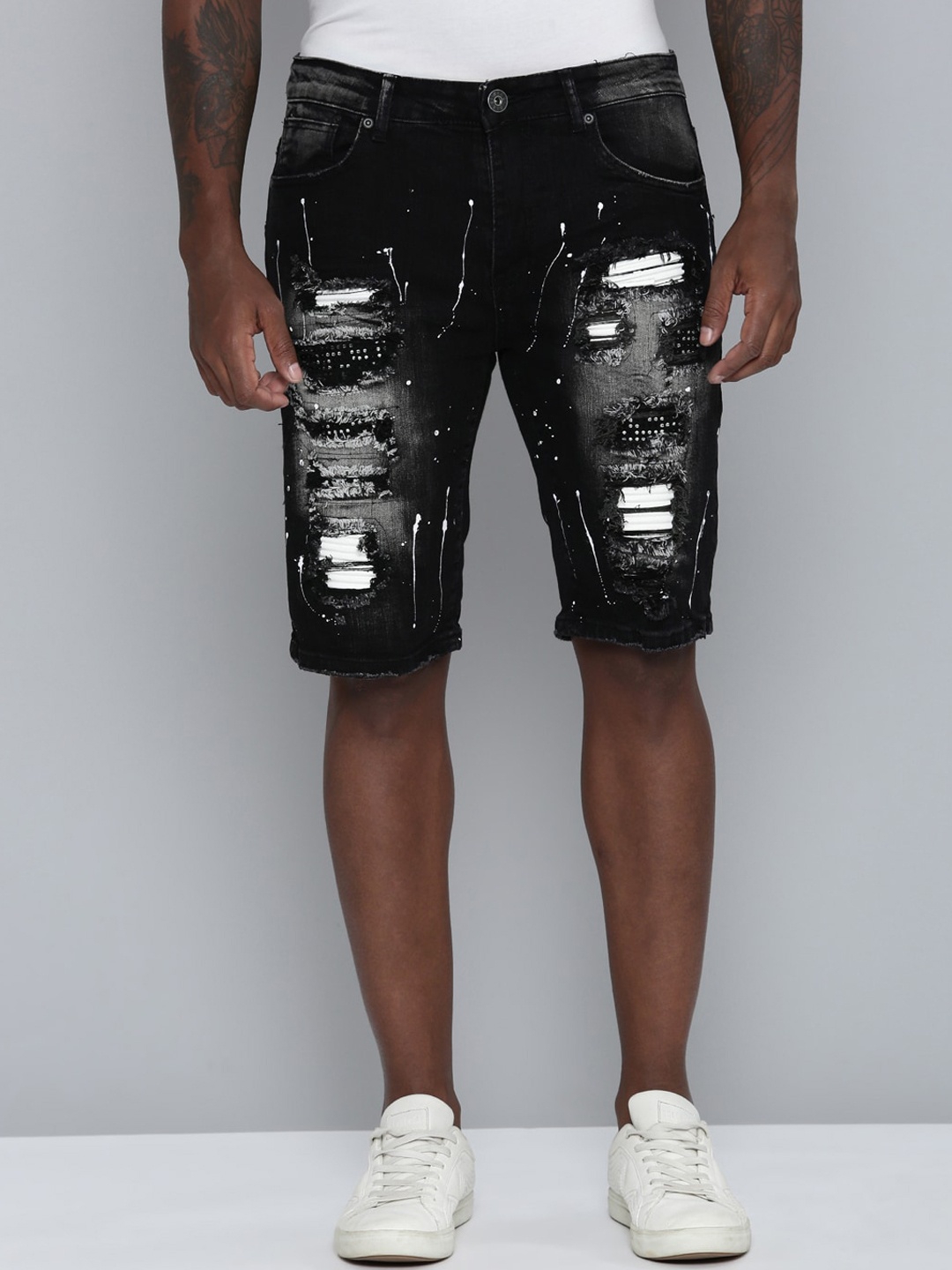 

WAIMEA Men Washed Distressed Denim Shorts, Black