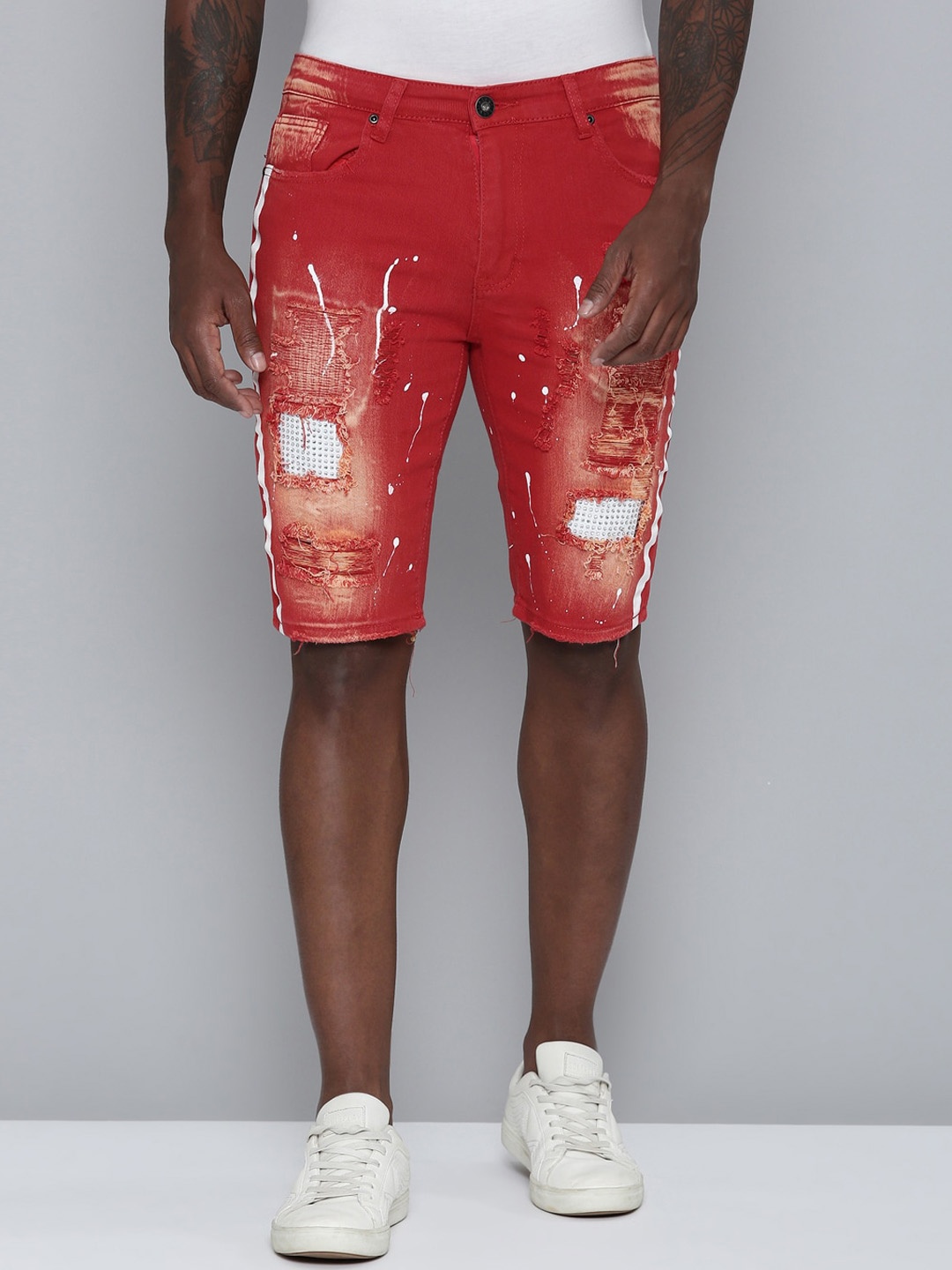

WAIMEA Men Washed Distressed Denim Shorts, Red
