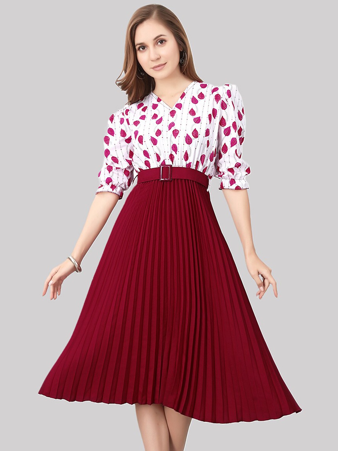 

DEKLOOK Floral Printed Accordion Pleated Fit & Flare Midi Dress With Belt, Maroon