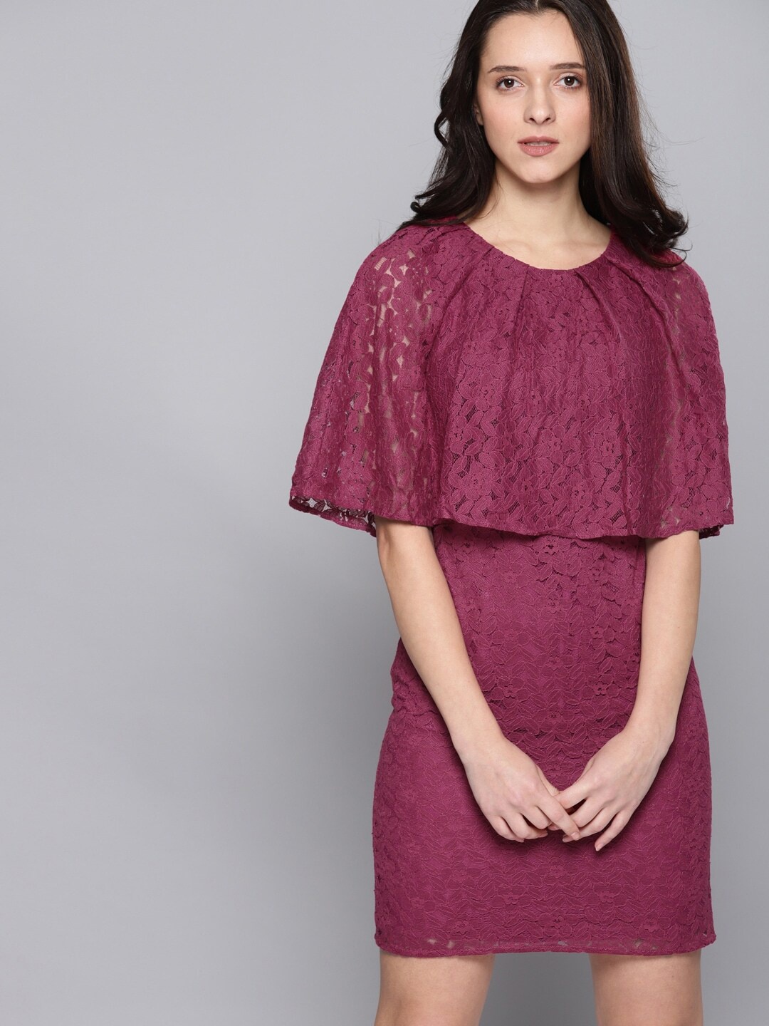 

Mast & Harbour Purple Self Design Flared Sleeves Sheath Dress