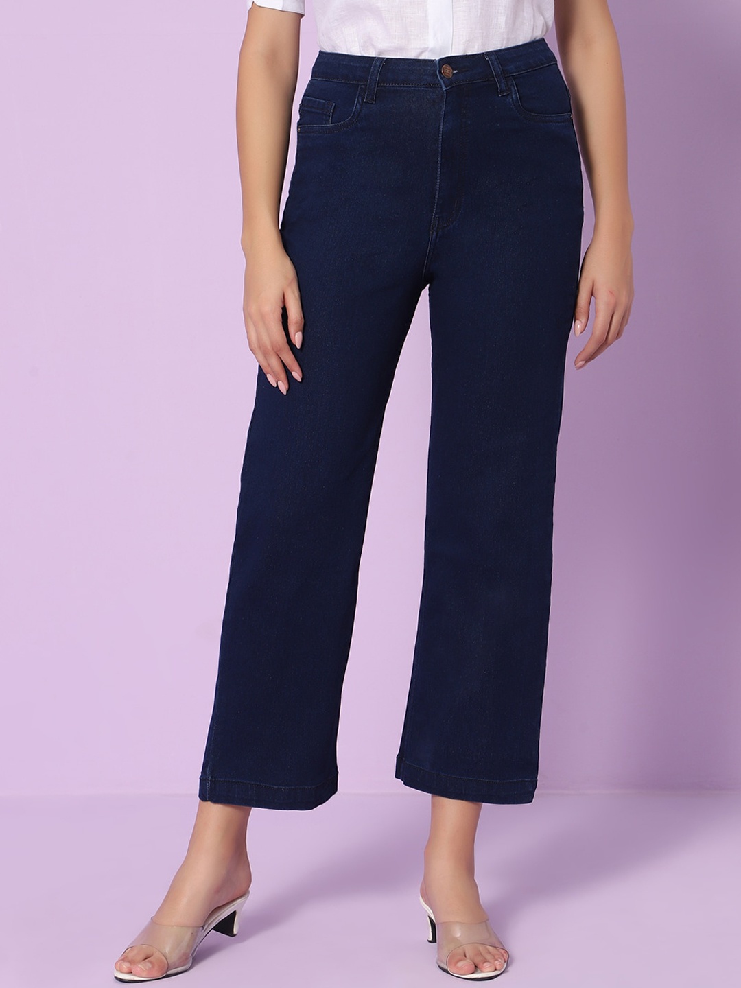 

HJ HASASI Women Wide Leg High-Rise Low Distress Stretchable Jeans, Blue