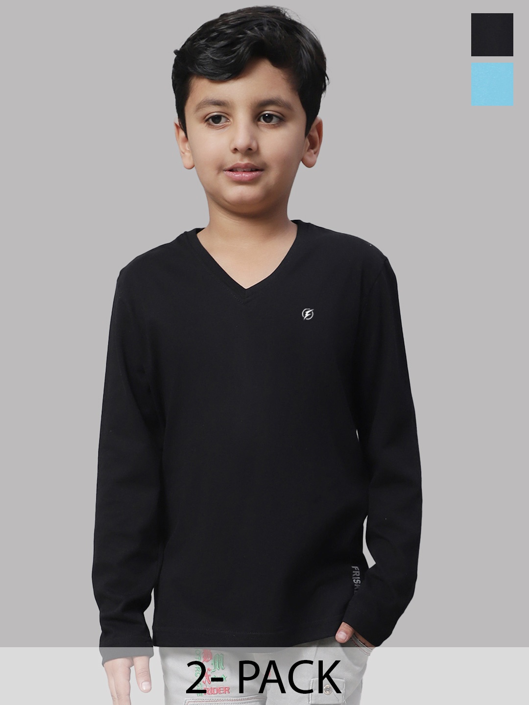 

Friskers Boys Black 2 V-Neck Extended Sleeves Raw Edge T-shirt