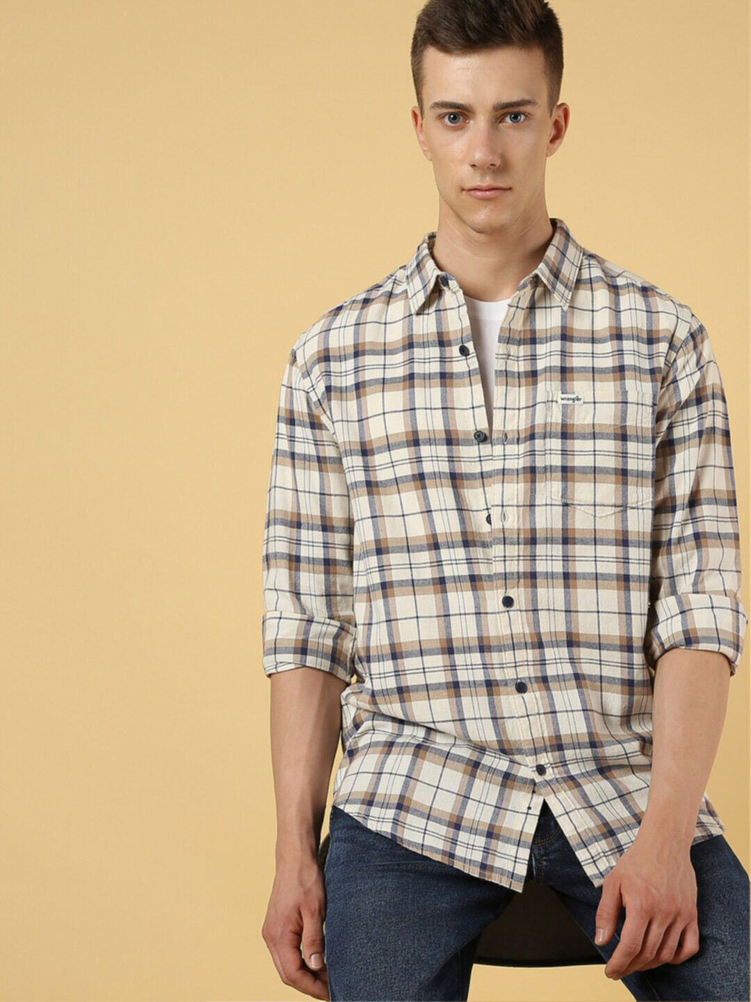 

Wrangler Men Tartan Checked Opaque Cotton Casual Shirt, Beige