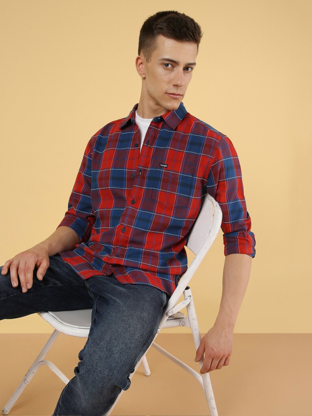 

Wrangler Men Tartan Checked Opaque Cotton Casual Shirt, Red