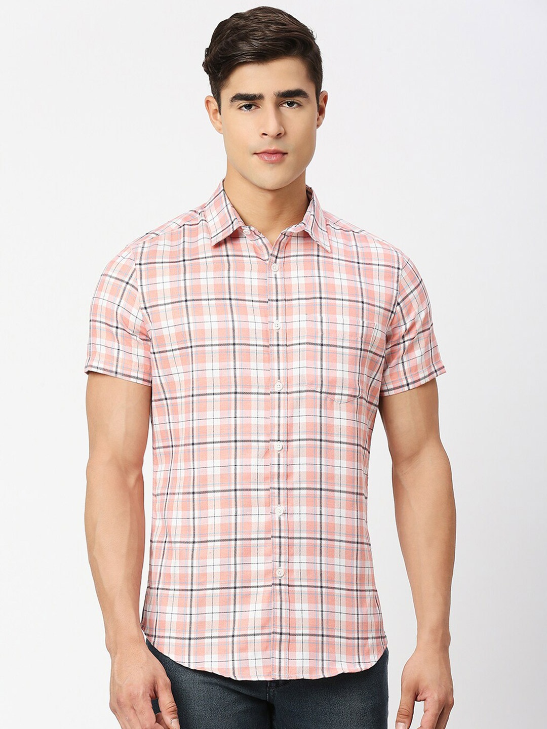 

Metronaut Spread Collar Tartan Checked Casual Shirt, Peach