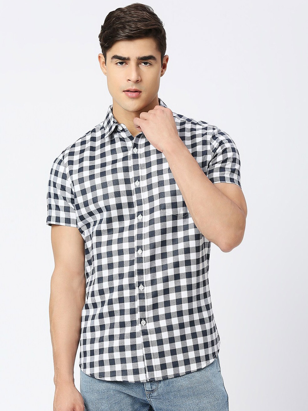 

Metronaut Gingham Checked Half Sleeve Classic Slim Fit Shirt, Navy blue