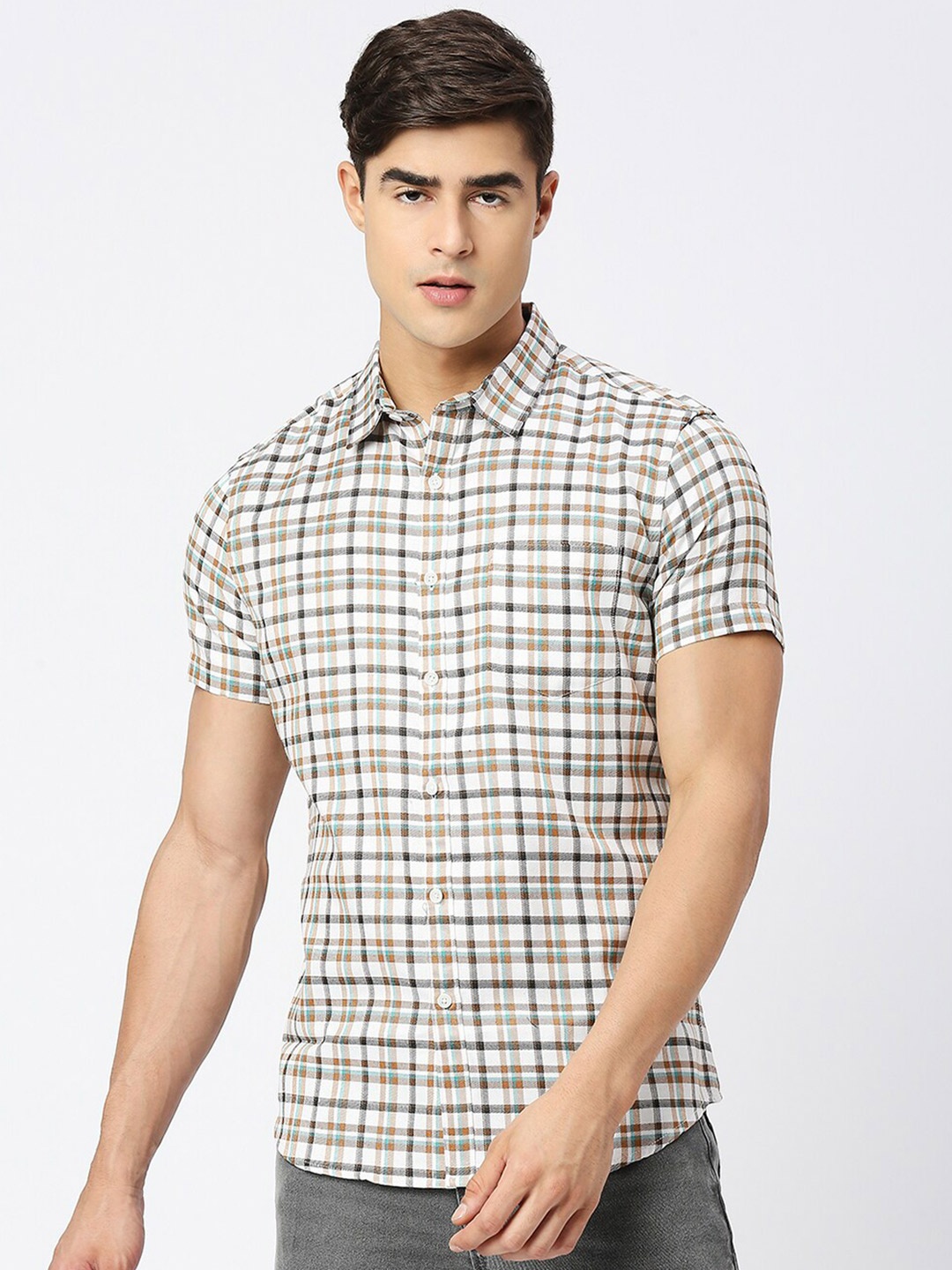 

Metronaut Tartan Checks Classic Slim-Fit Cotton Casual Shirt, Brown