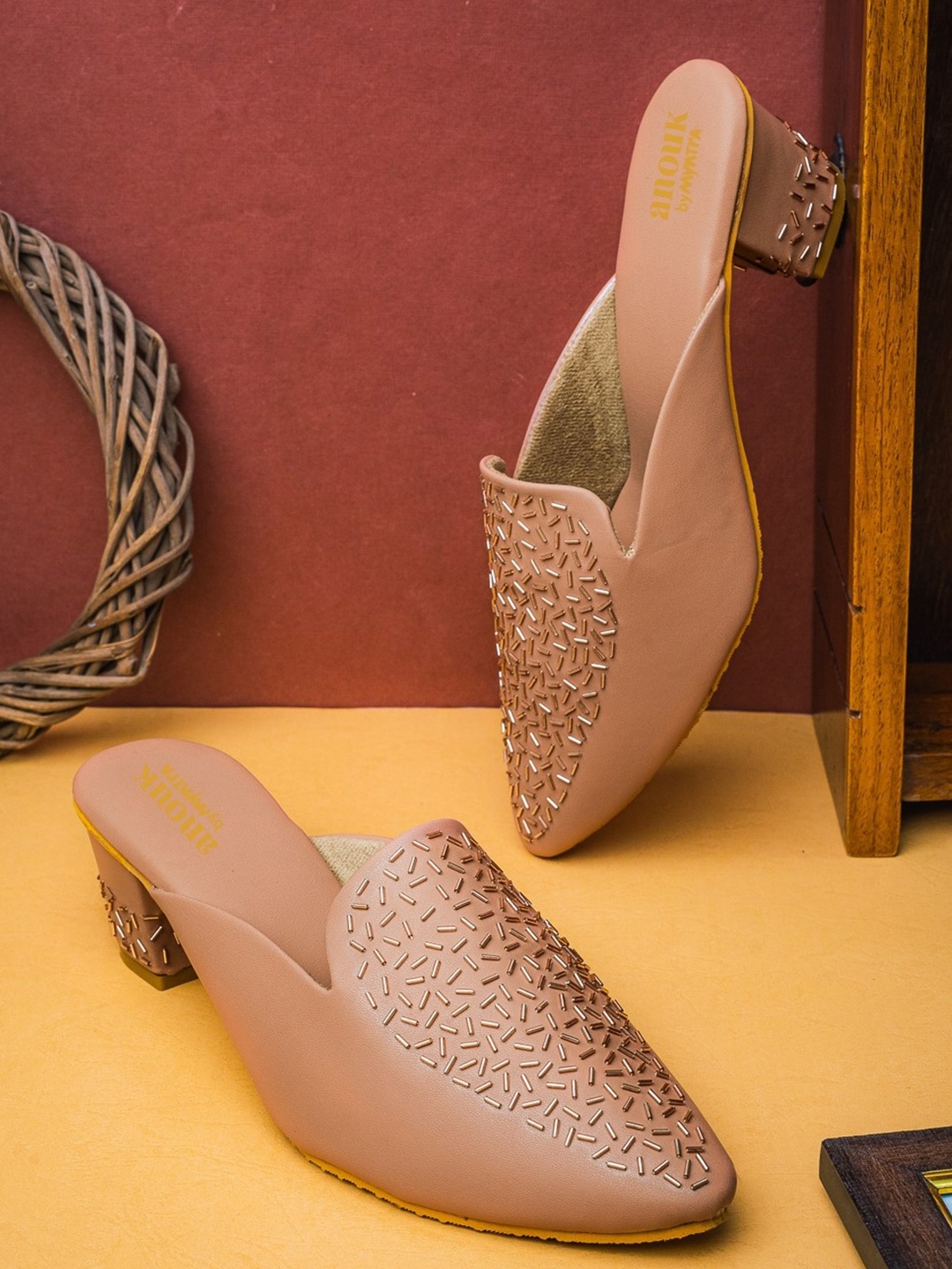 

Anouk Nude-Coloured Embellished Block Heel Mules