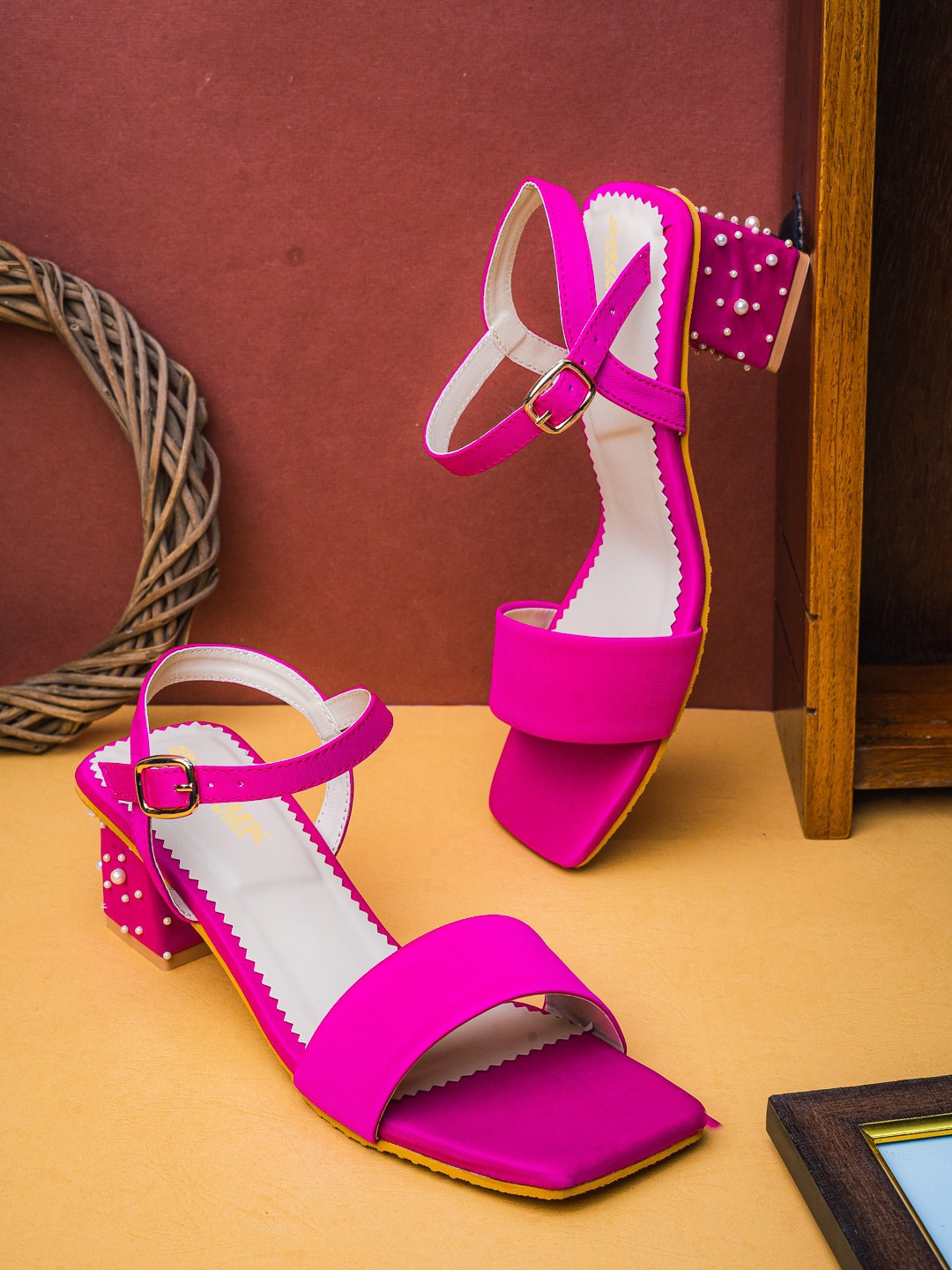 

Anouk Fuchsia Embellished Open Toe Block Heels With Buckle Closure