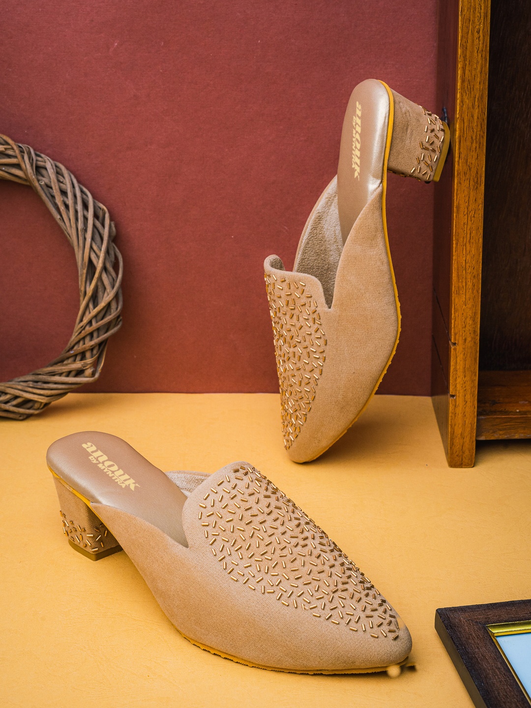 

Anouk Gold-Toned Embellished Block Heel Mules