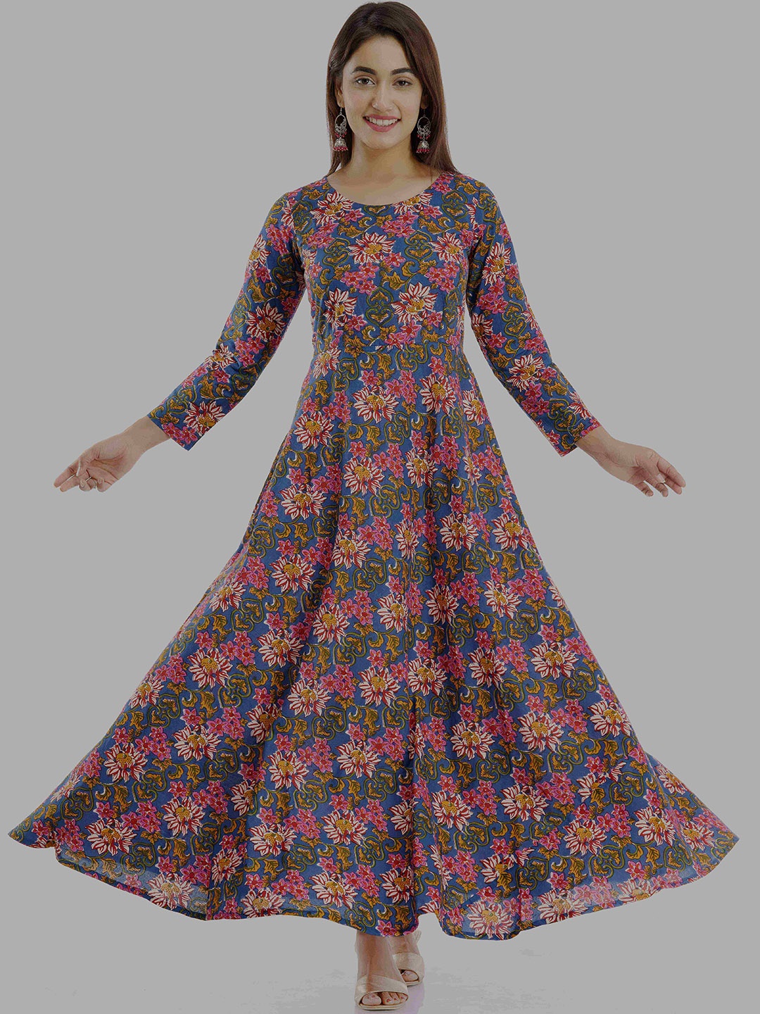 

PARCHHAI Floral Printed Fit and Flare Ethnic Dress, Blue