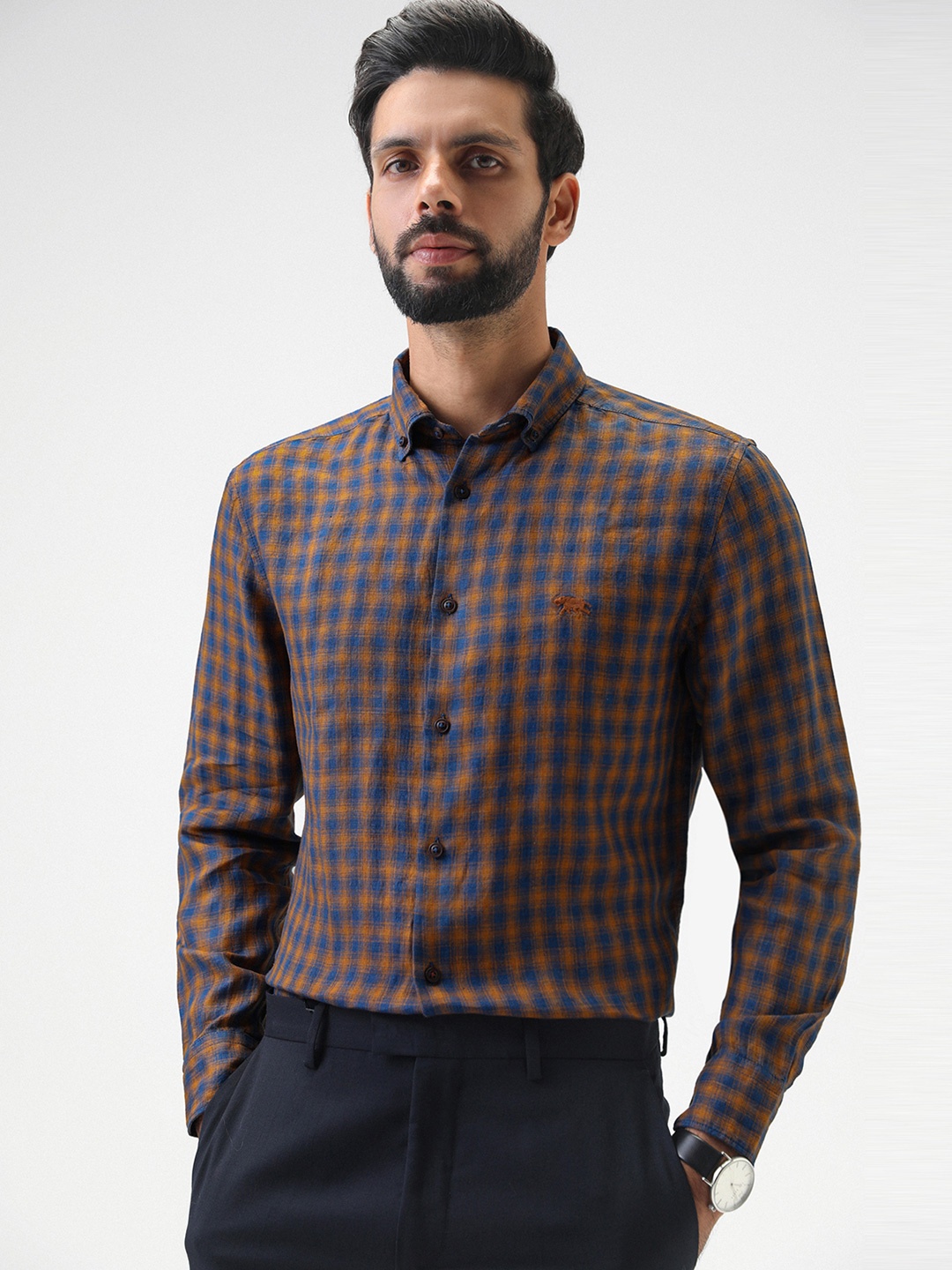 

Andamen Men's Delave Amber Indigo Linen Shirt, Blue