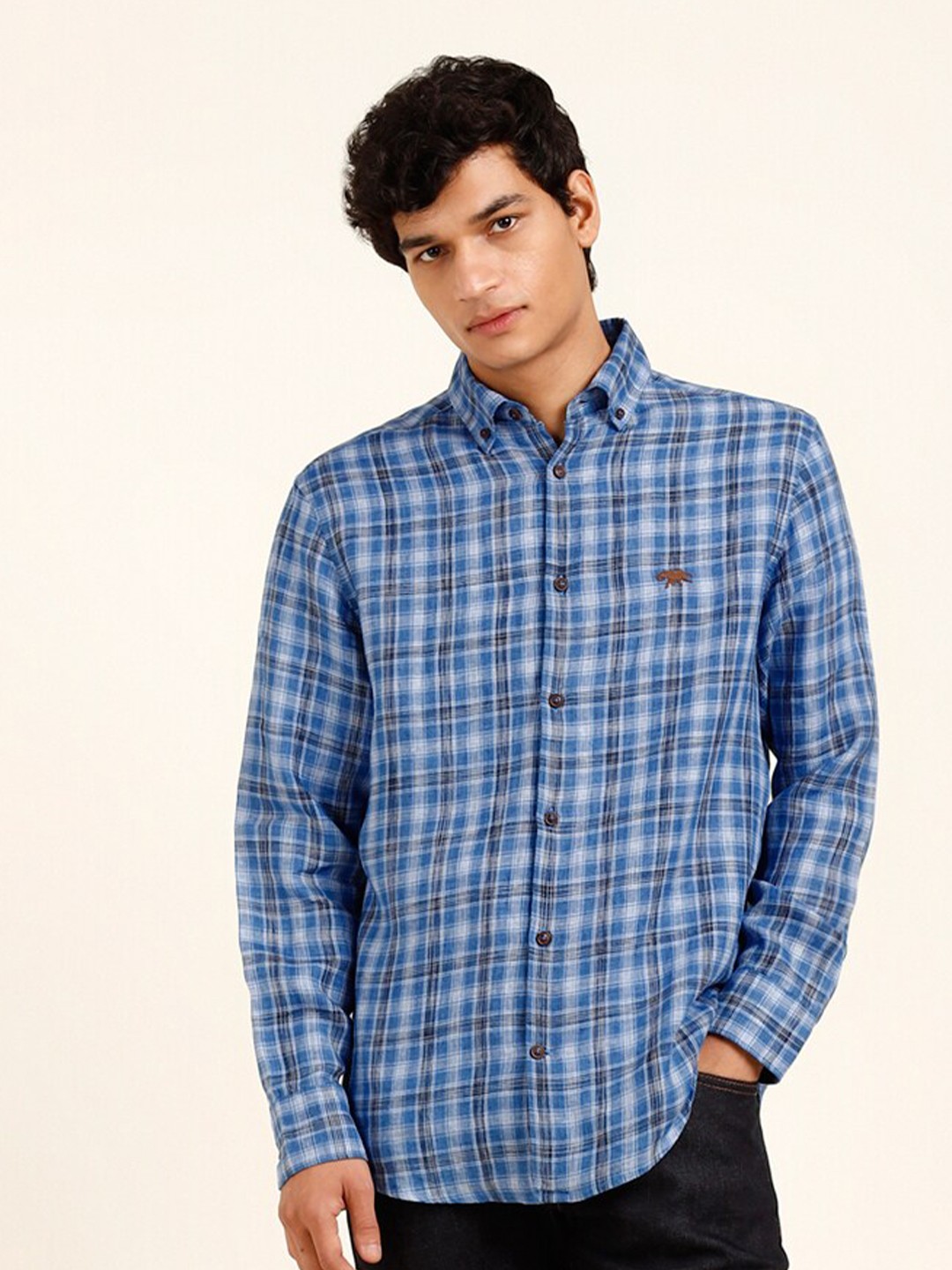 

Andamen Men's Indigo Check Linen Shirt, Blue