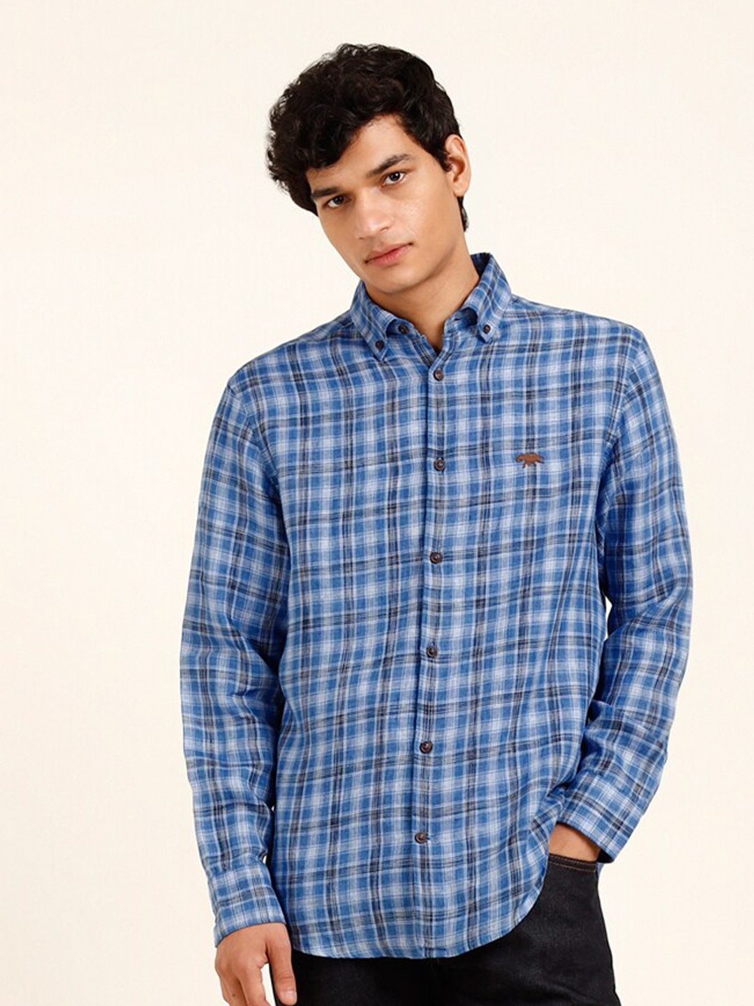 

Andamen Men Indigo Teal Check Linen Shirt, Blue