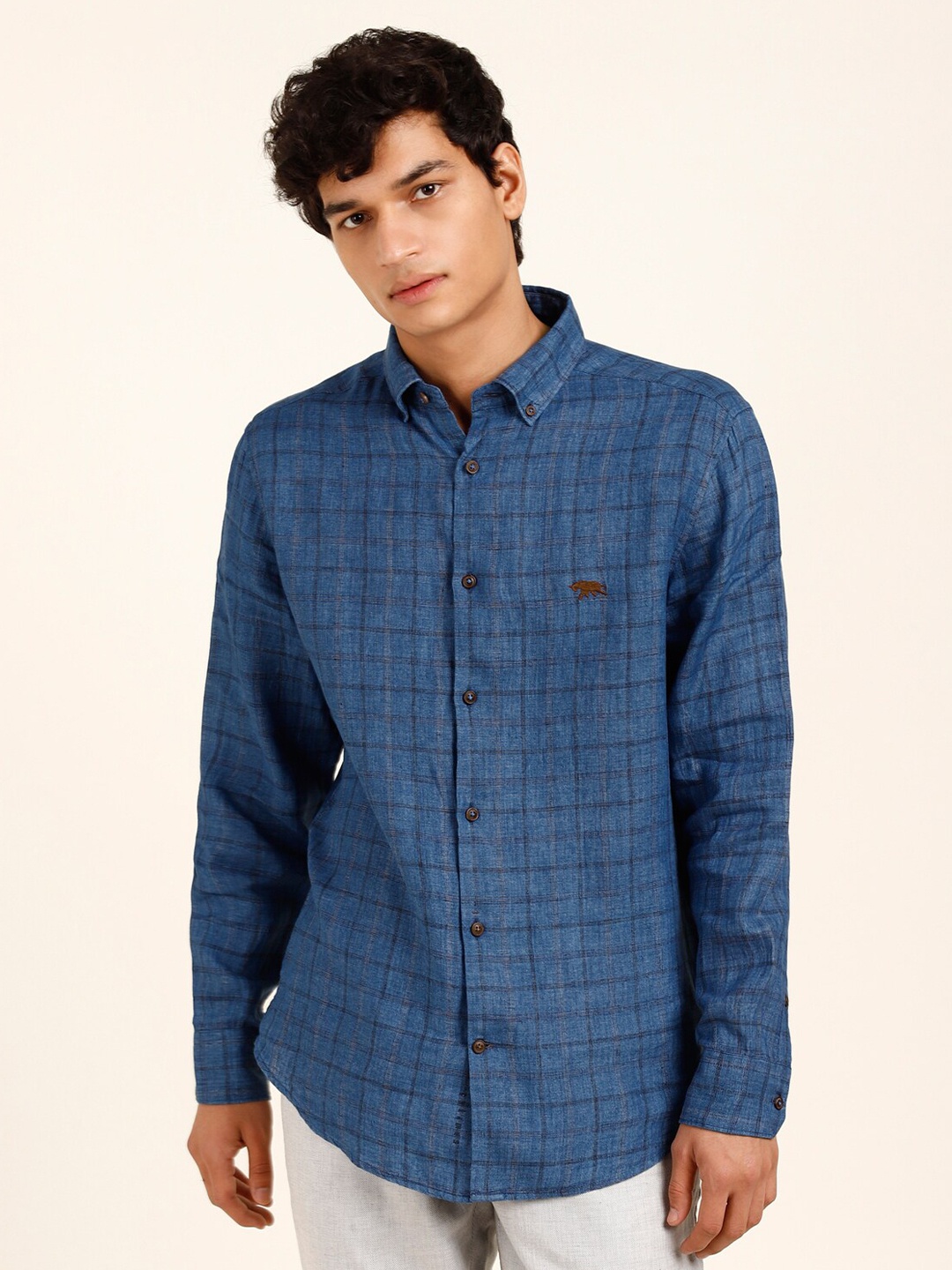 

Andamen Men Indigo Sapphire Grid Linen Shirt, Blue